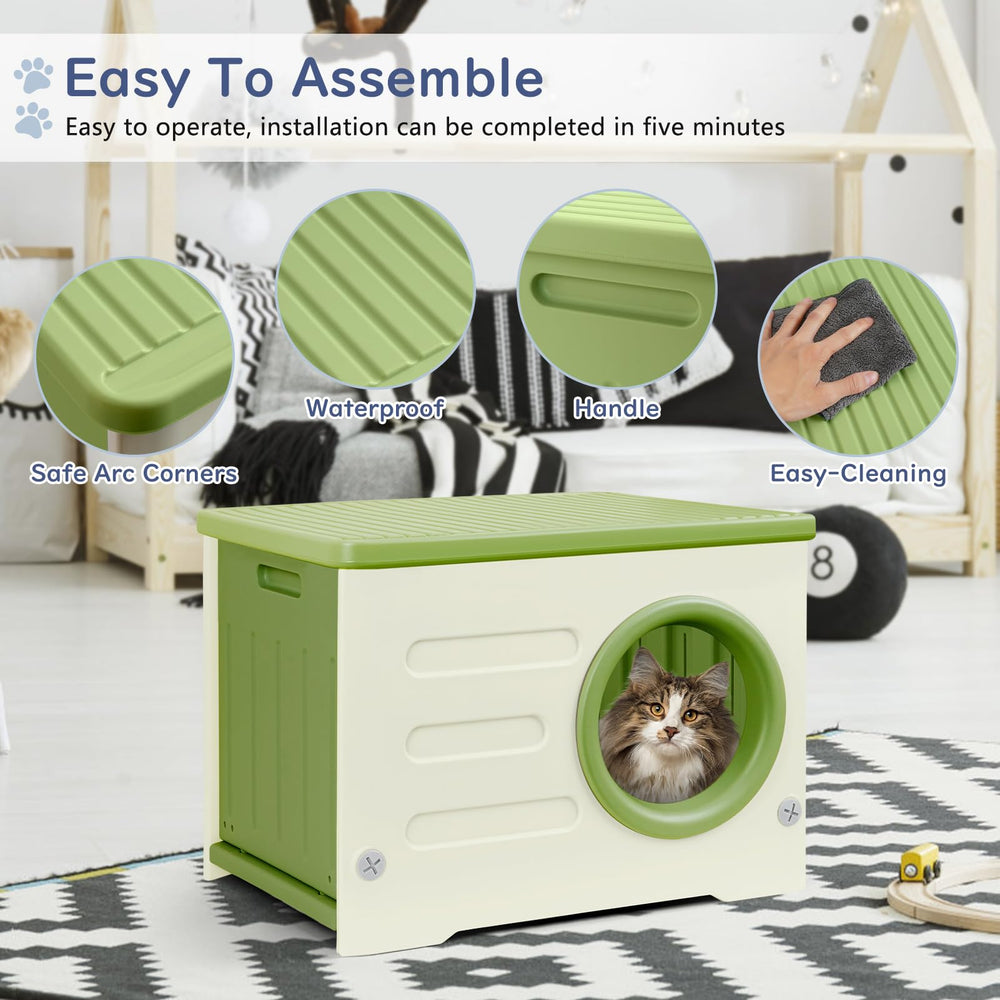 RAIN QUEEN cat house green door entrance demonstrates easy access shelter for indoor-outdoor cats.