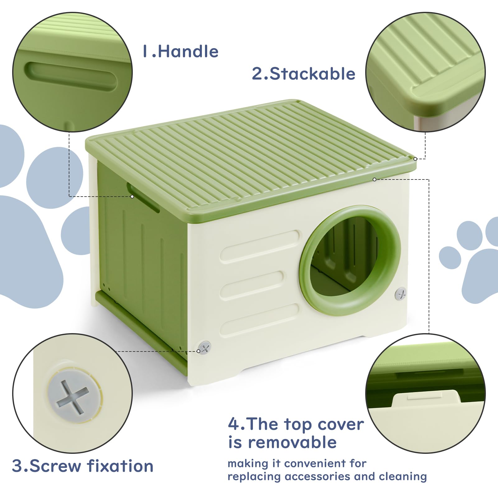 RAIN QUEEN cat house green interior closeup highlights spacious room for two cats.