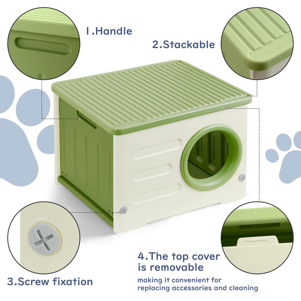 RAIN QUEEN cat house green interior closeup highlights spacious room for two cats.