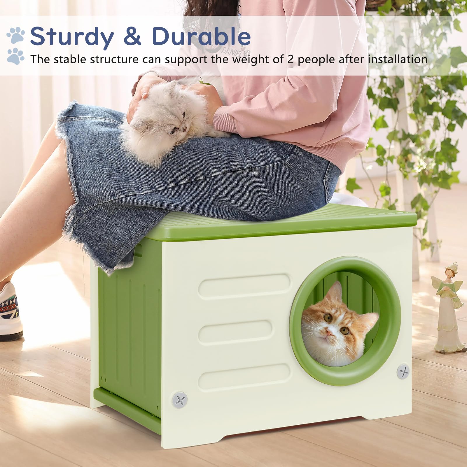 RAIN QUEEN cat house green weatherproof-exterior emphasizes durable, sunproof shelter for varied climates.