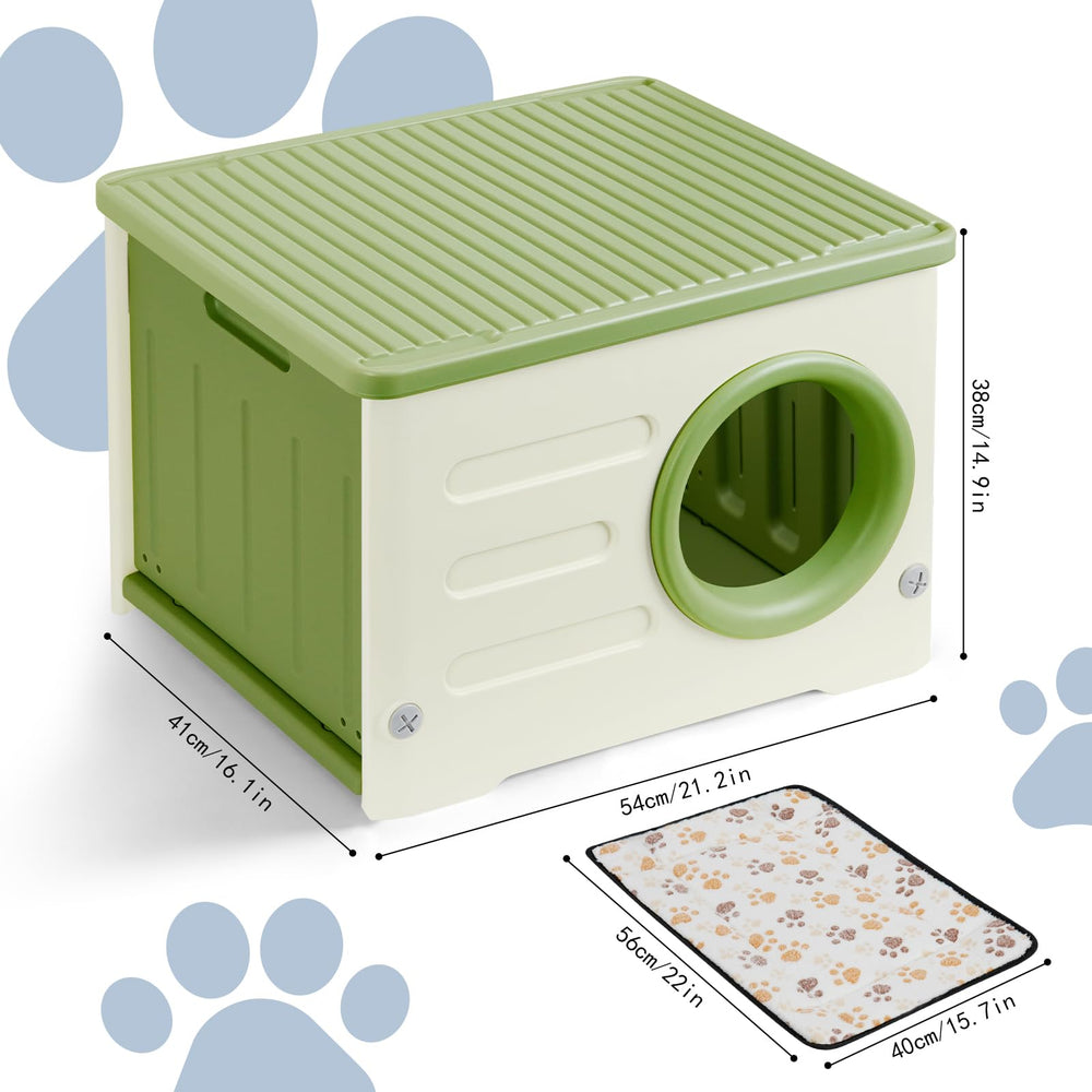 RAIN QUEEN cat house outdoor-indoor green side view reveals elevated base for dry, comfortable lounging.