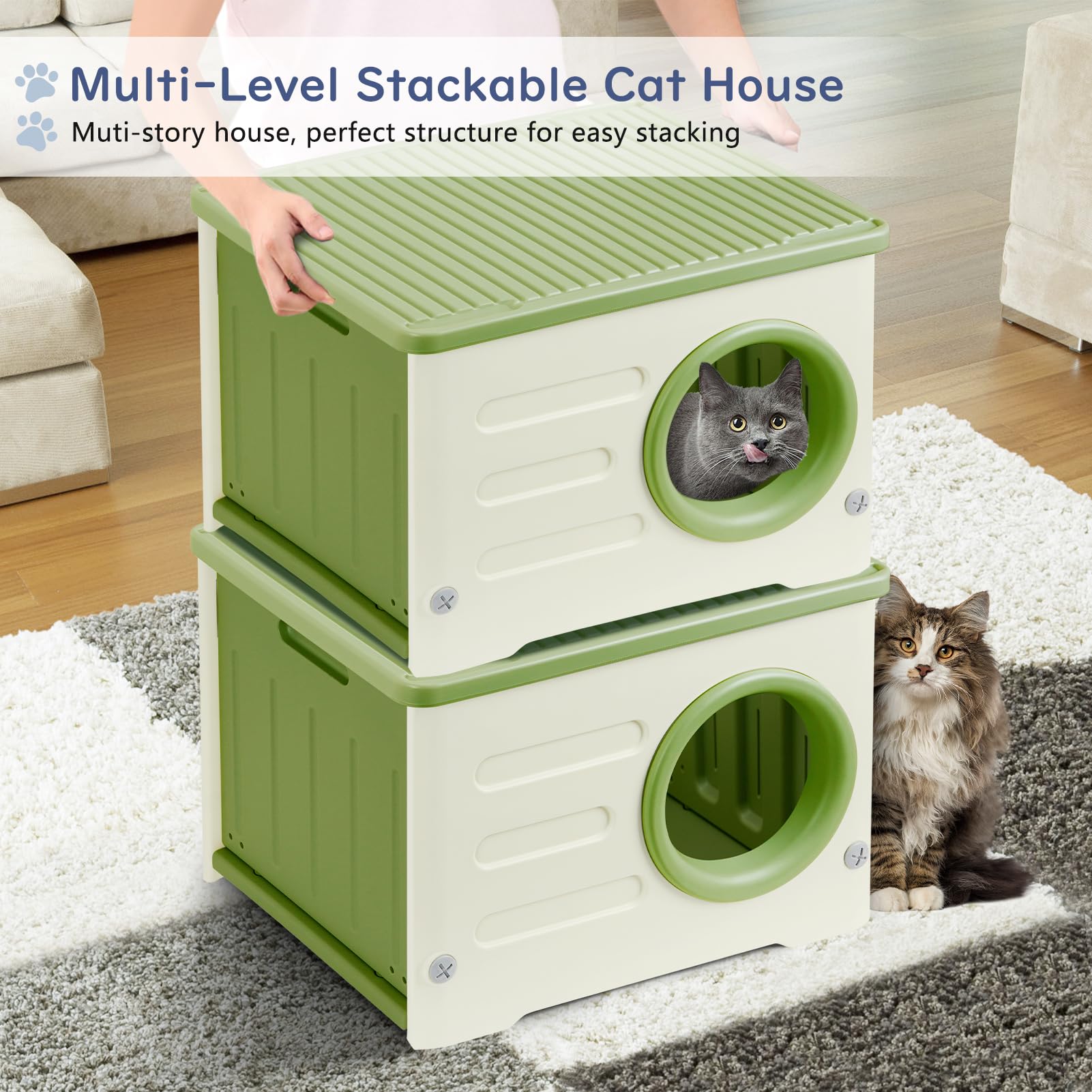 RAIN QUEEN cat house stackable two-units shows space-saving design for multiple felines.