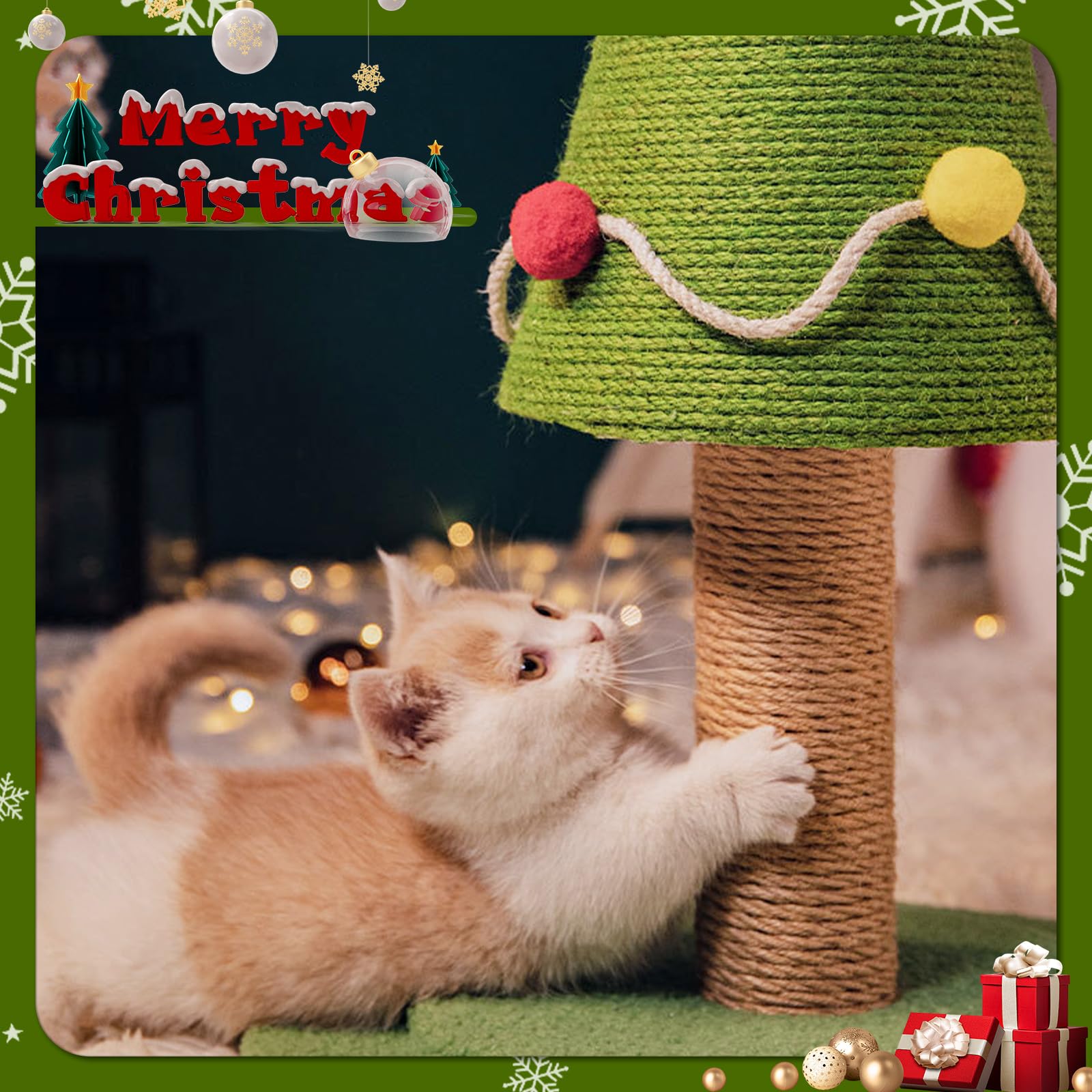 Rain Queen Holiday decor cat play scene adds festive charm while entertaining cats.