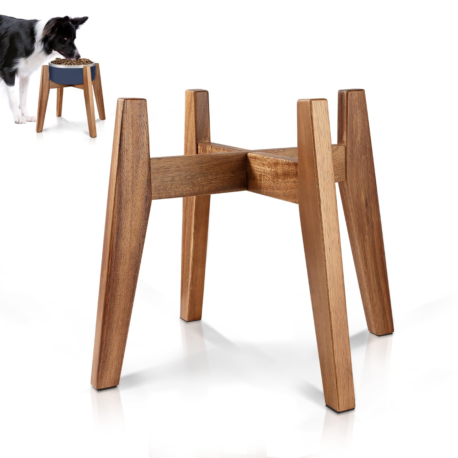 Rainbleland elevated dog bowl stand front view showcasing sturdy acacia wood for durability