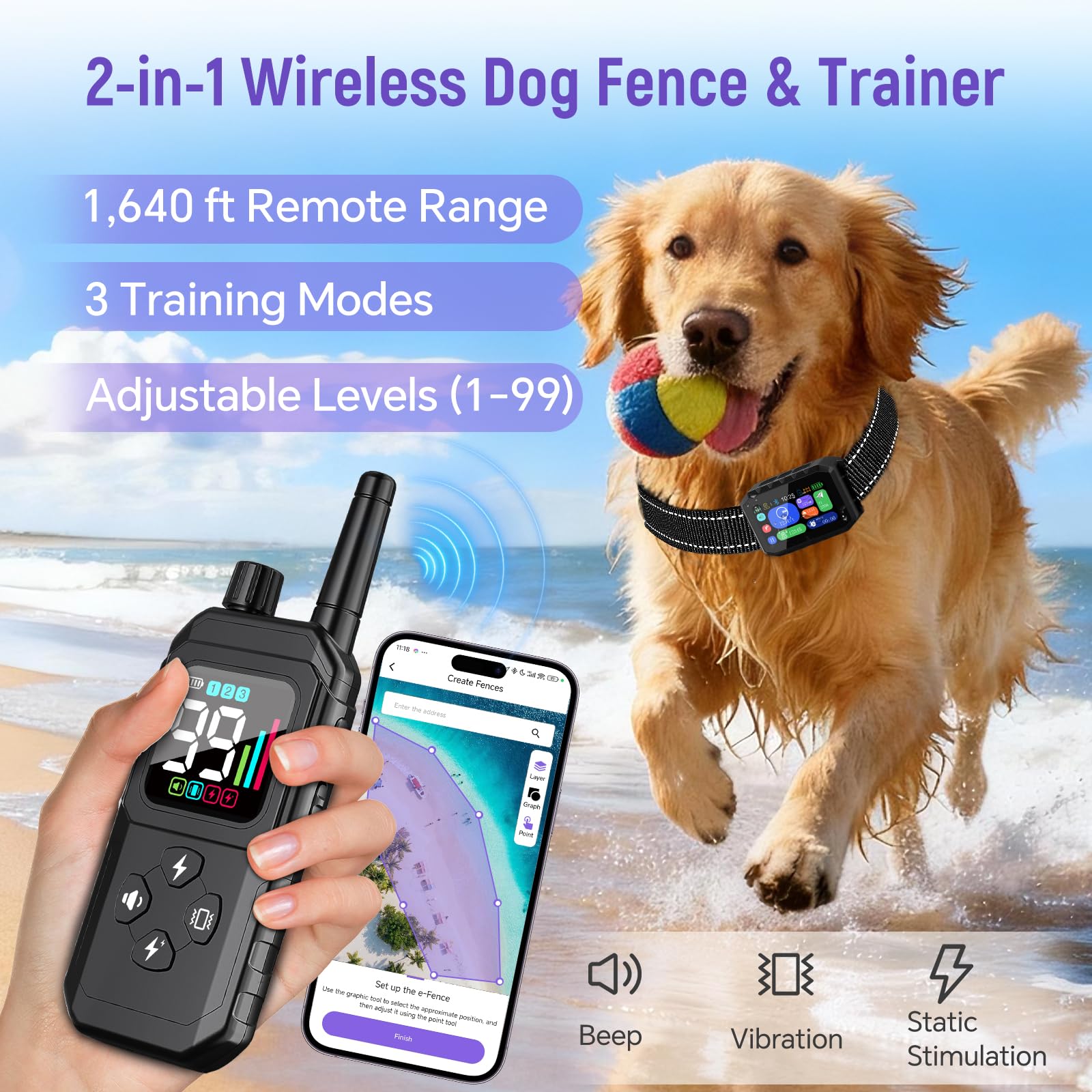 RAINLEOTI training modes image highlights adjustable Beep, Vibration, Static for humane guidance.