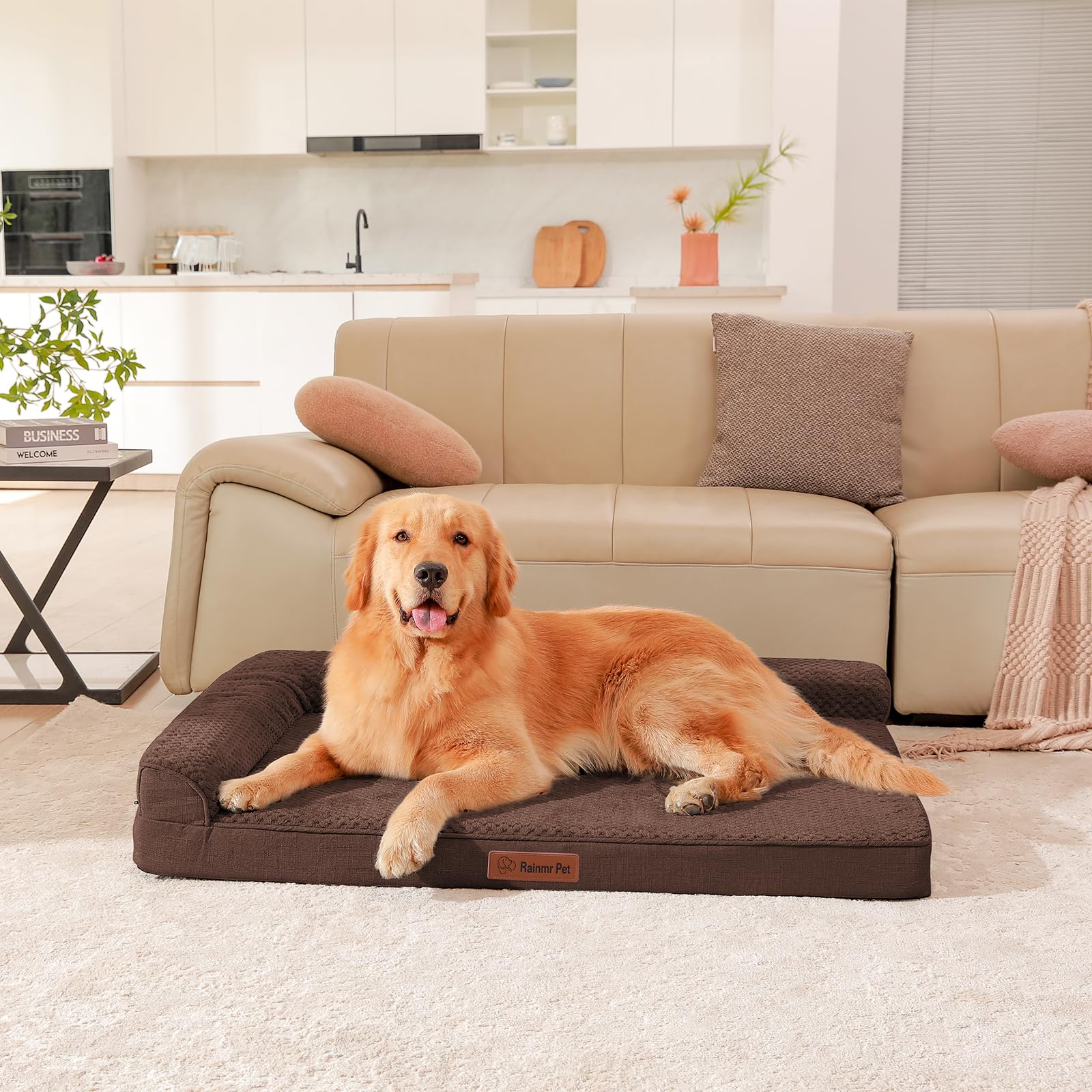 Rainmr large dog bed shows non-slip bottom for stability on wood or tile floors.