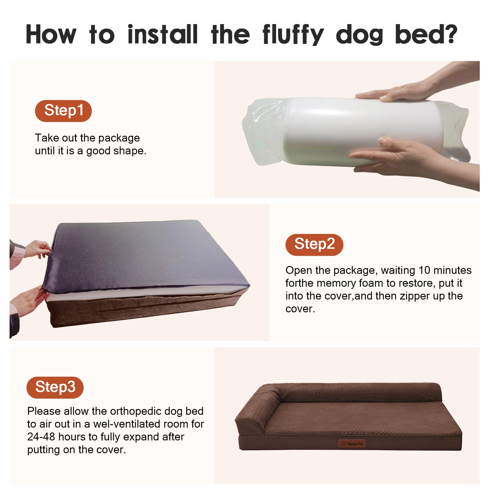 Rainmr bed measures 44x32x6 inches, offering spacious, supportive lounging.