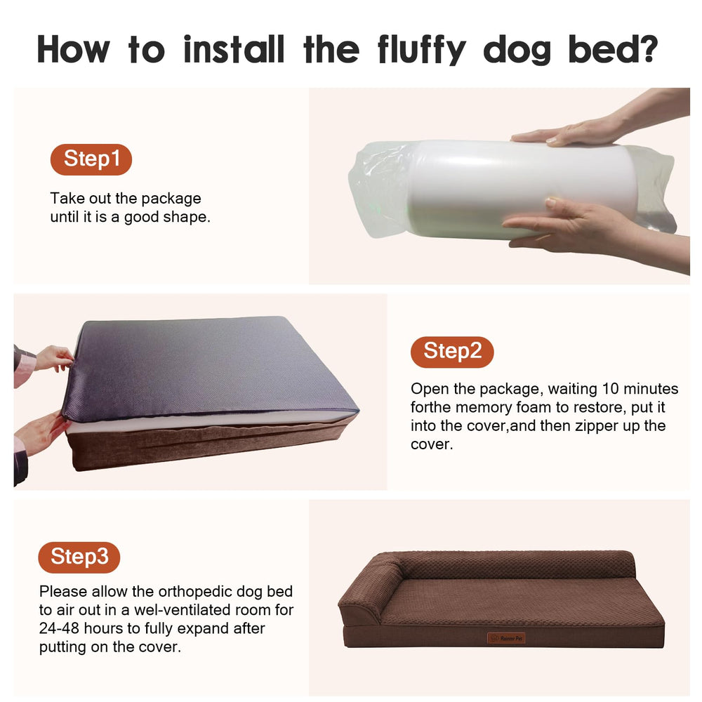 Rainmr bed measures 44x32x6 inches, offering spacious, supportive lounging.