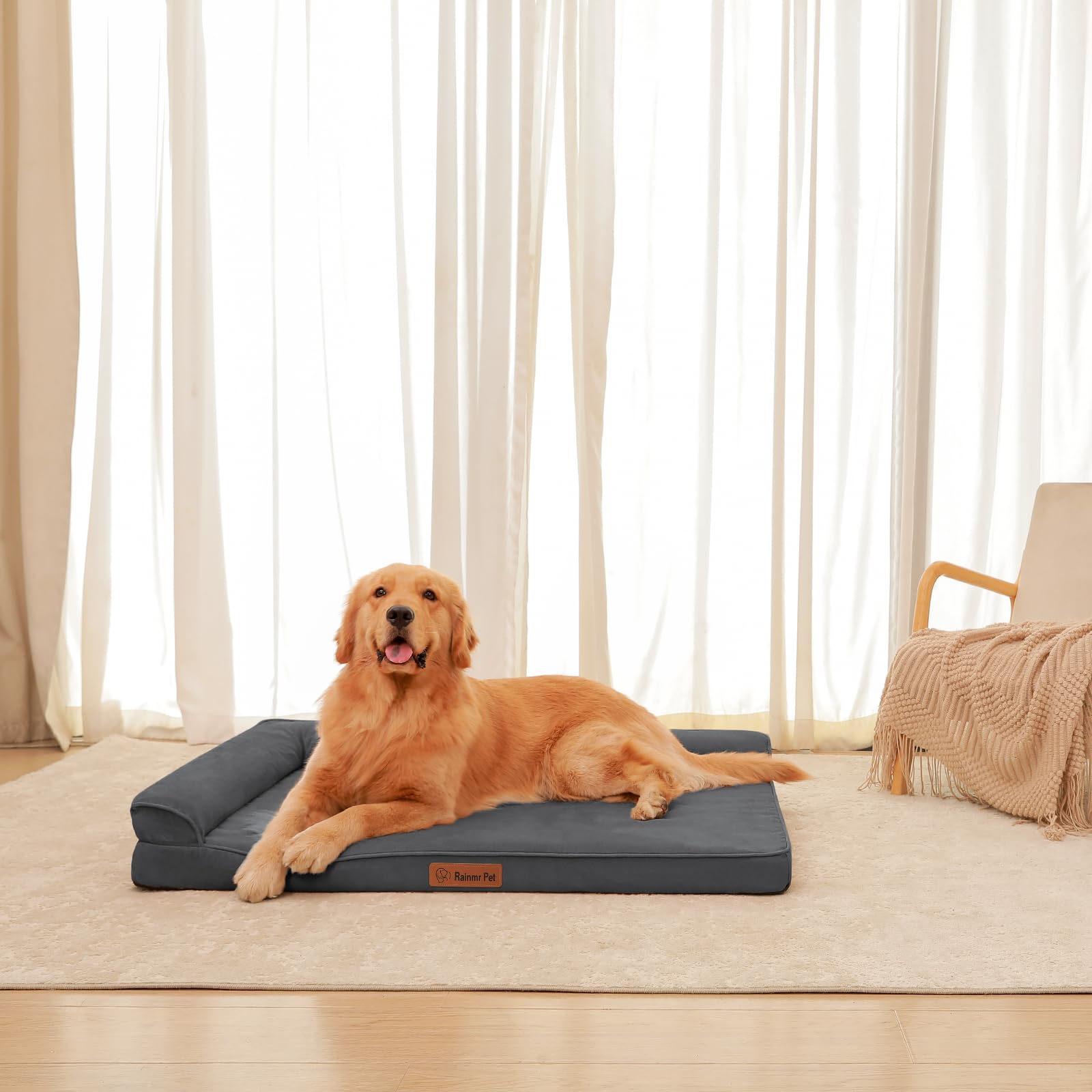 Rainmr orthopedic bed dark grey cover complements home decor