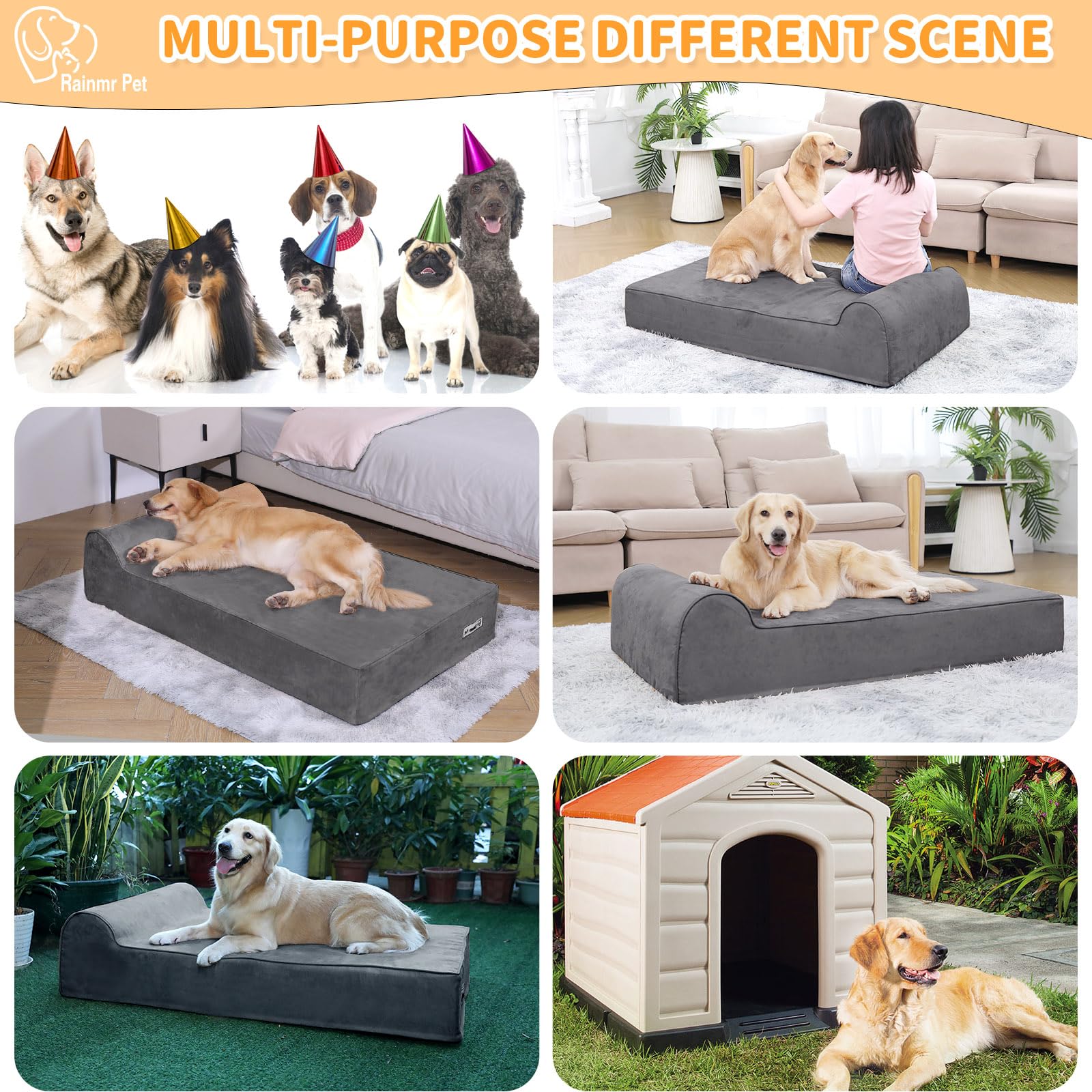 Rainmr Orthopedic Dog Bed 4 inch headrest distributes weight for comfortable rest