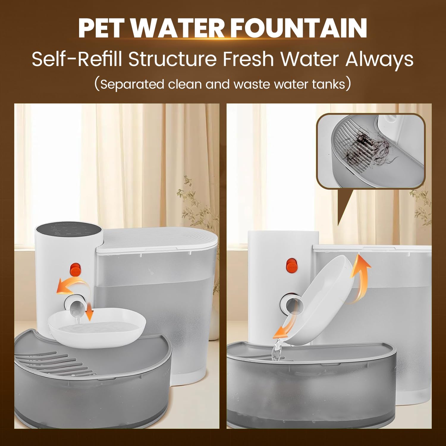 RAINPOT automatic pet water fountain top view shows wireless operation for flexible placement.