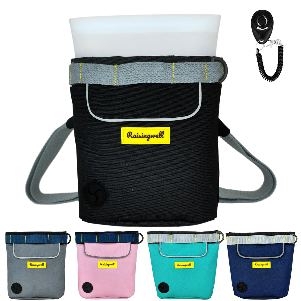Raisingwell dog treat pouch front view in black for easy dispensing on walks