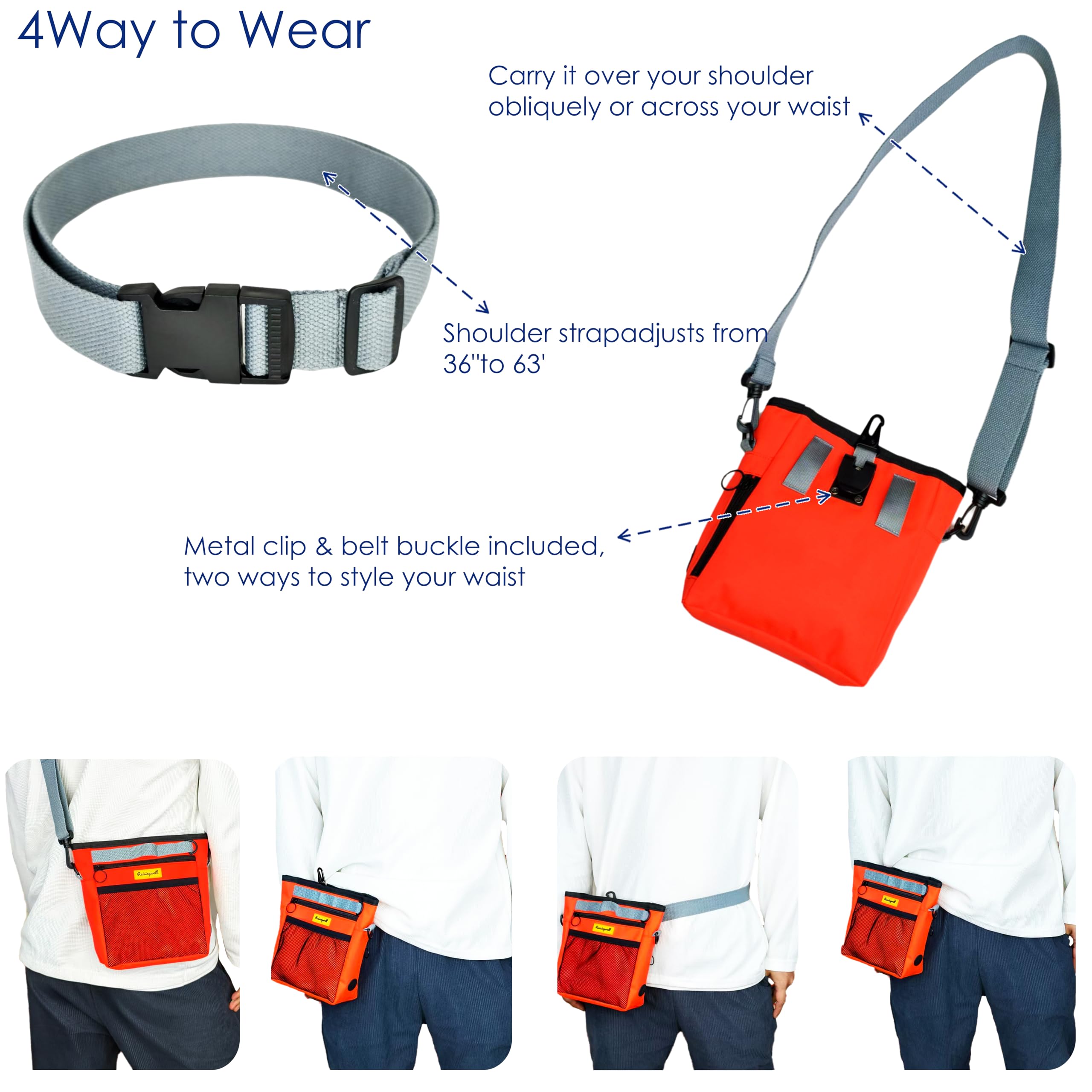 Raisingwell orange pouch supports four wear styles for leash walks and training.