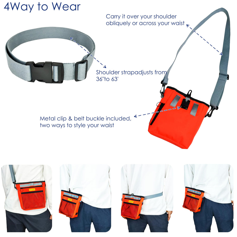 Raisingwell orange pouch supports four wear styles for leash walks and training.
