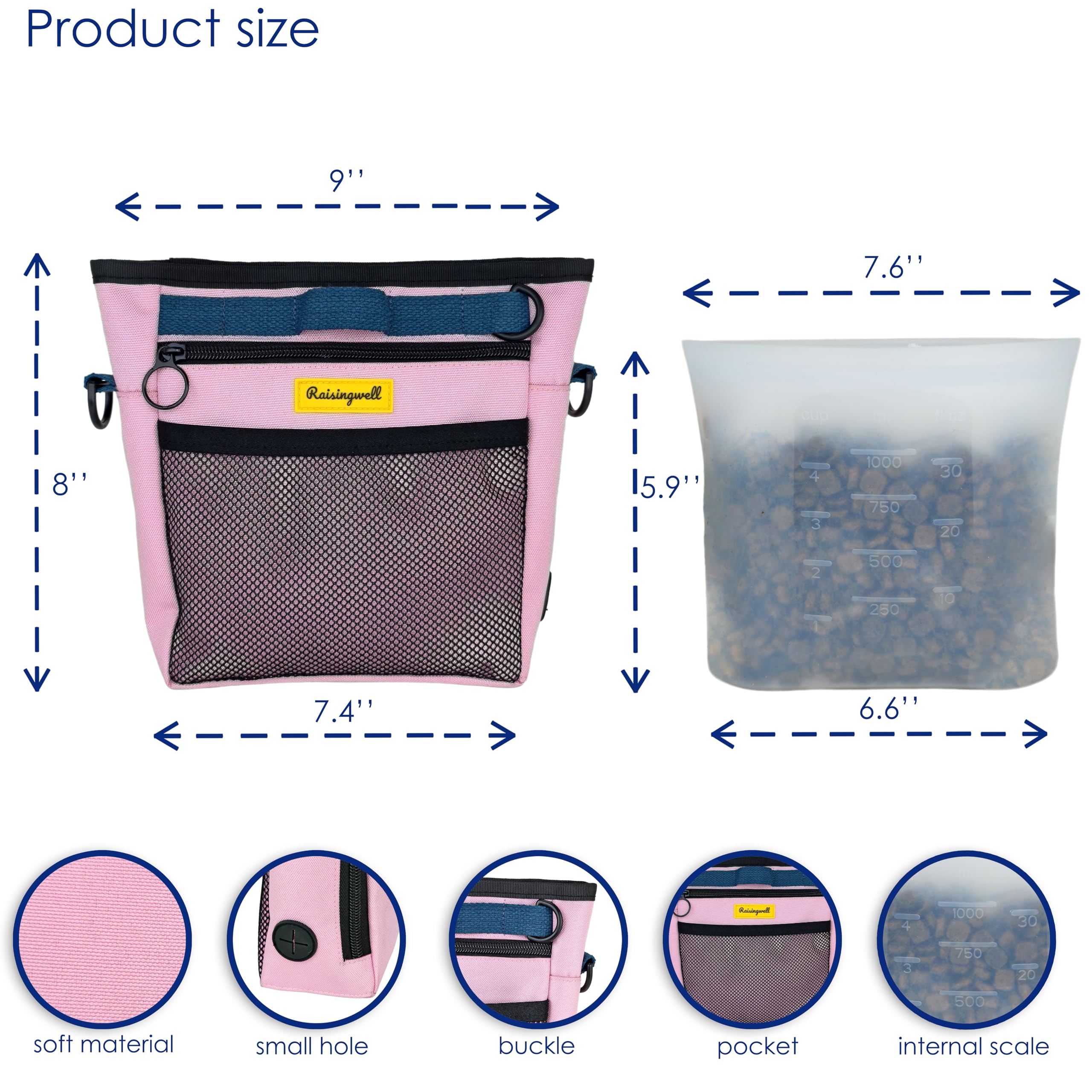 Raisingwell dog treat pouch front pocket fits phones for quick access.