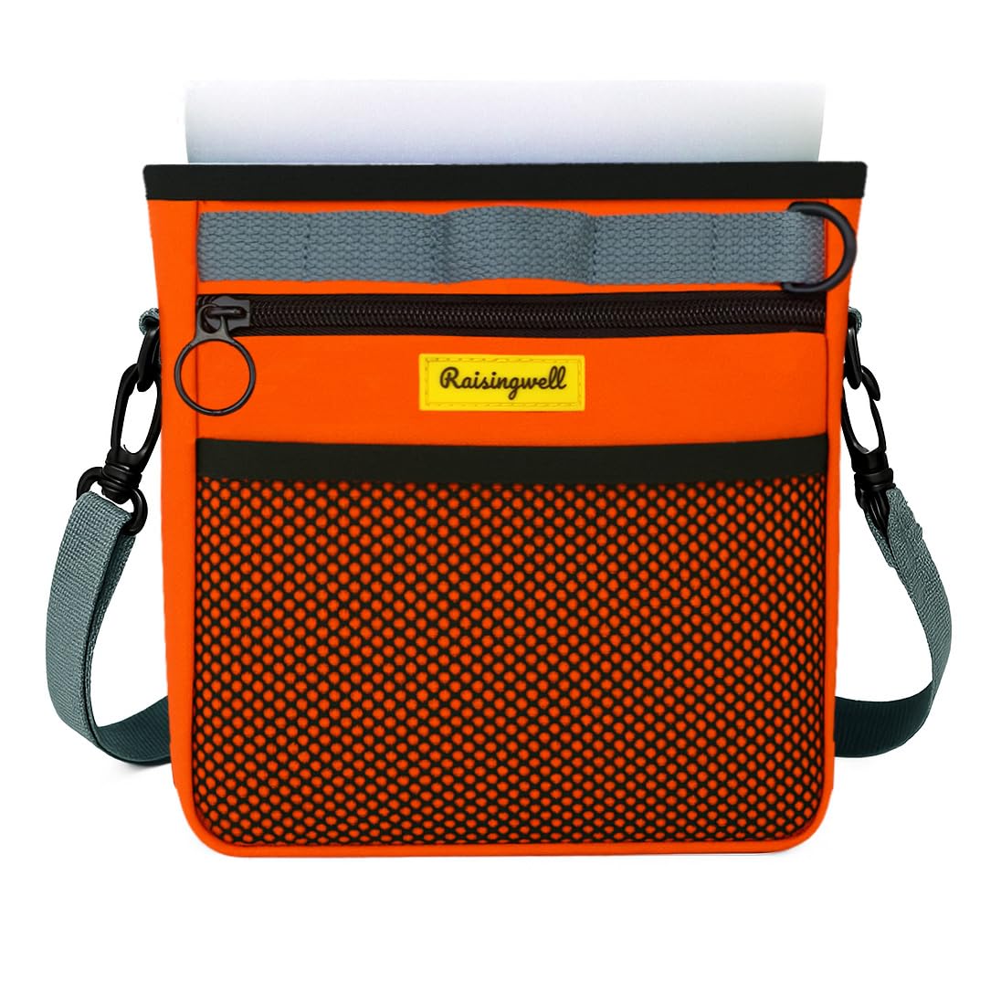 Raisingwell dog treat pouch with magnetic closure front pocket for quick access.