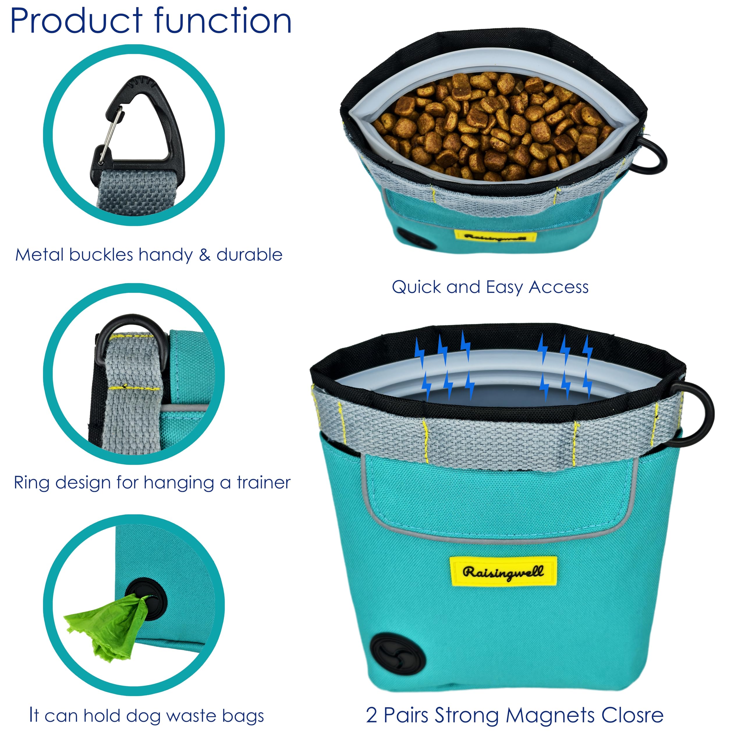 Raisingwell dog treat pouch magnetic closure prevents spills during bends and runs.