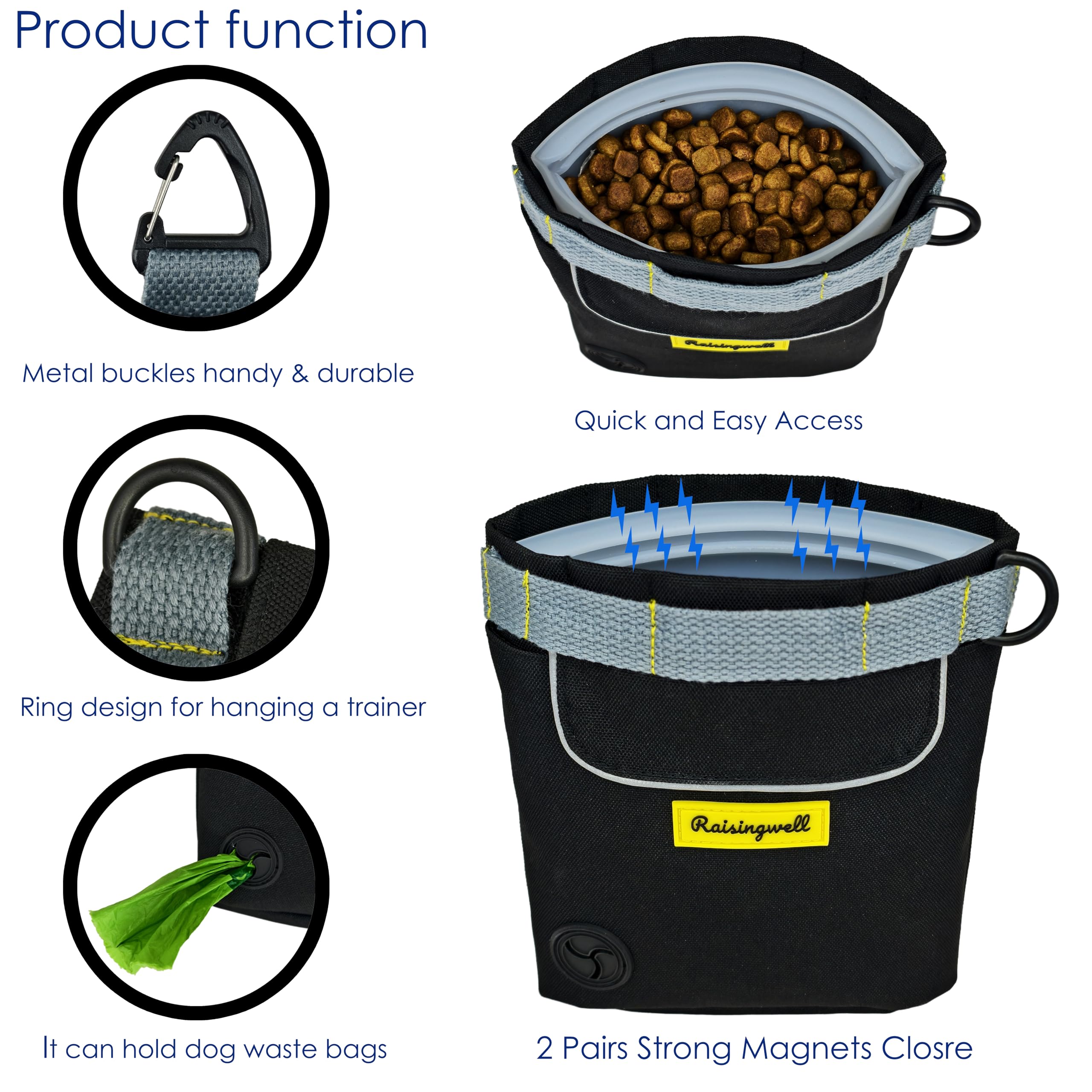 Raisingwell pouch magnetic closure prevents spills during bends while walking