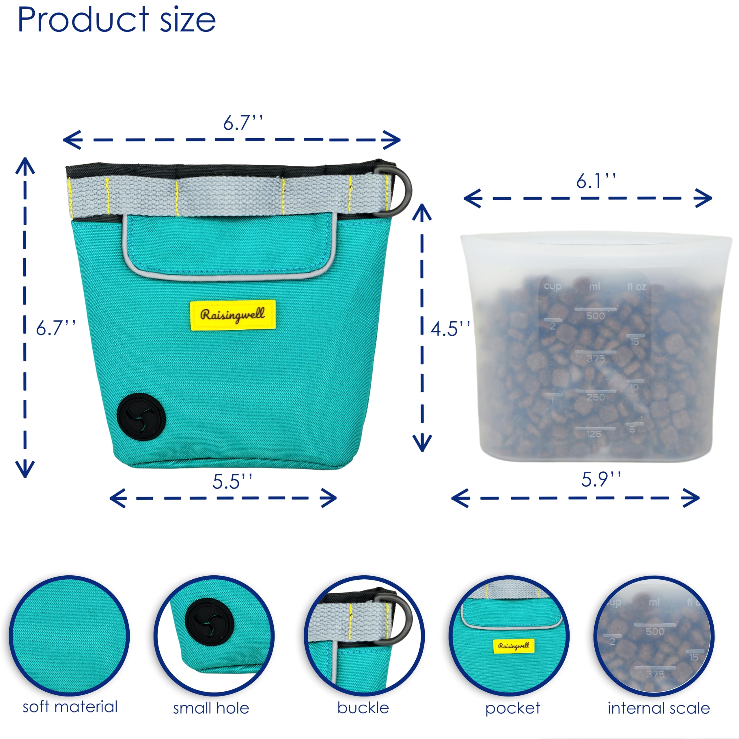 Raisingwell dog treat pouch open with treats demonstrates easy access and freshness preservation.