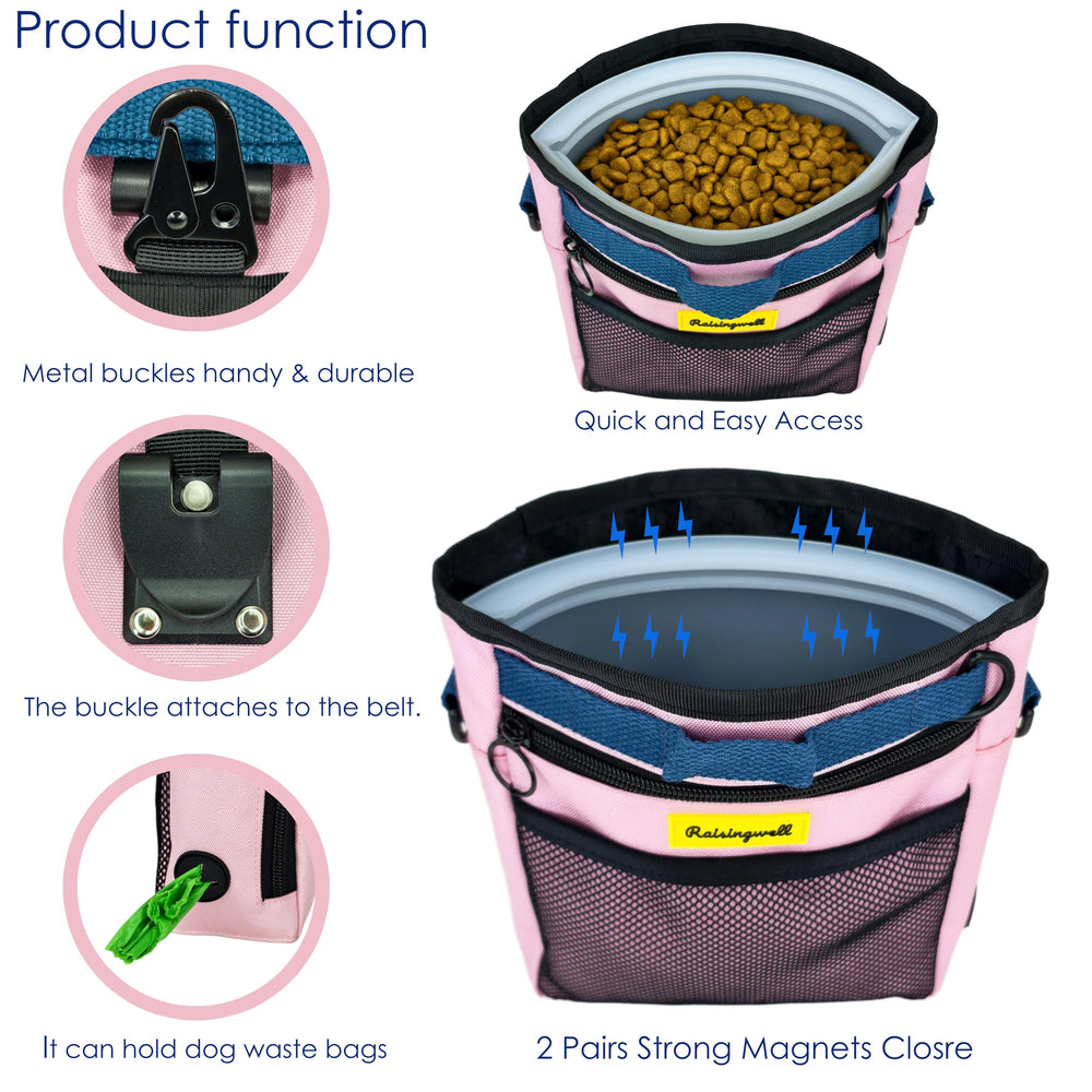 Raisingwell dog treat pouch features poop-bag access for cleanup on the go.