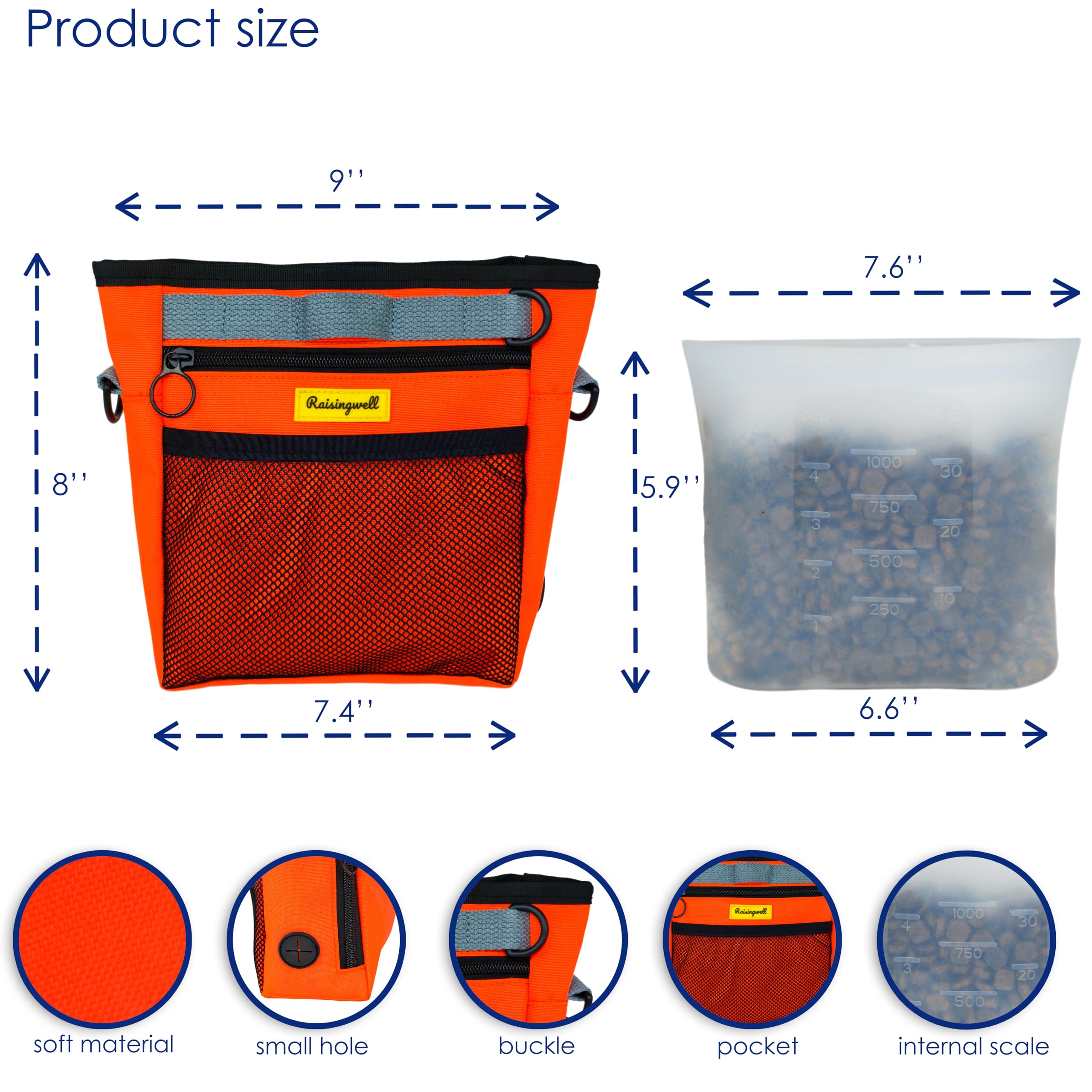 Raisingwell silicone bag inside keeps treats fresh and mess-free during walks.