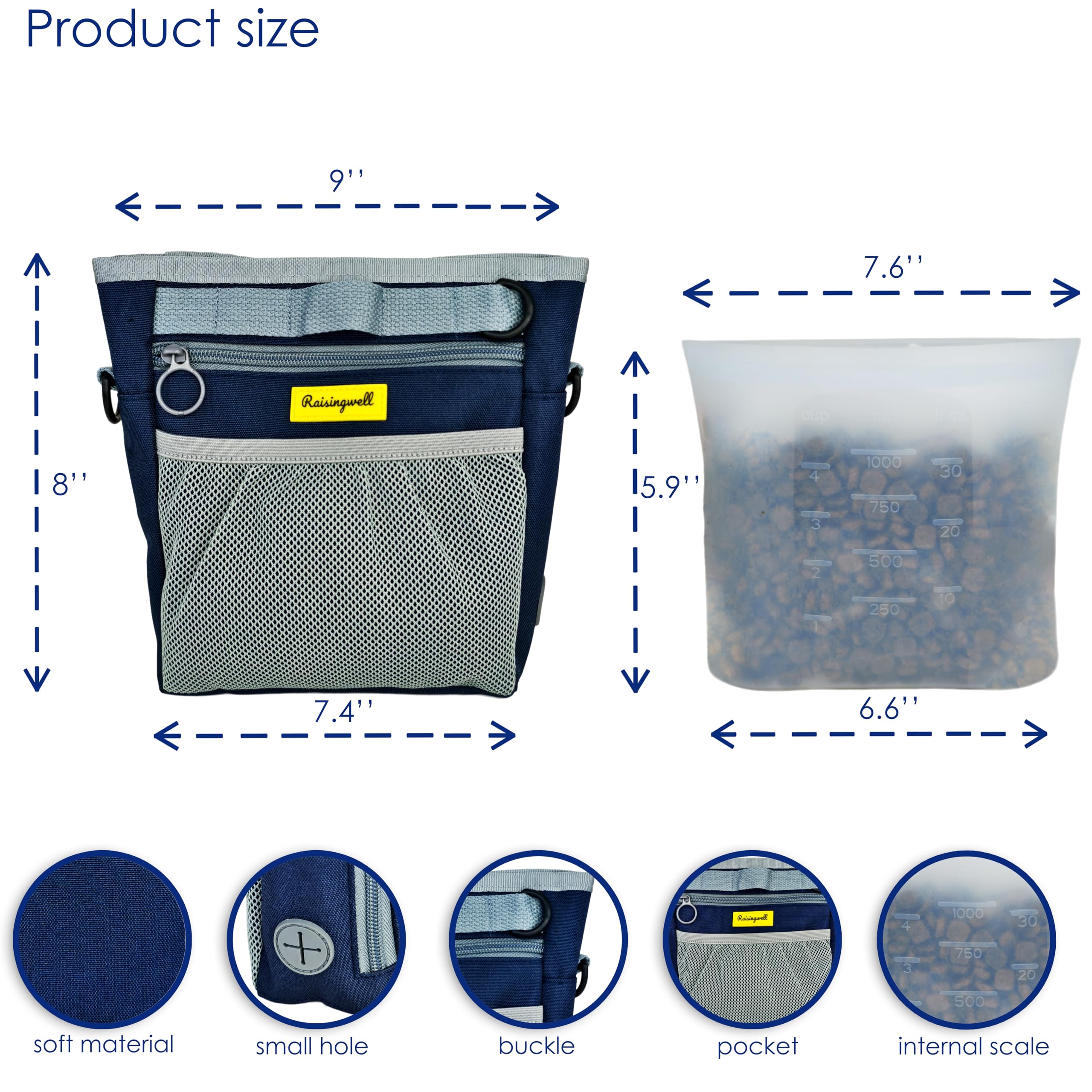 Raisingwell front-pocket blue pouch shows phone storage for quick access.
