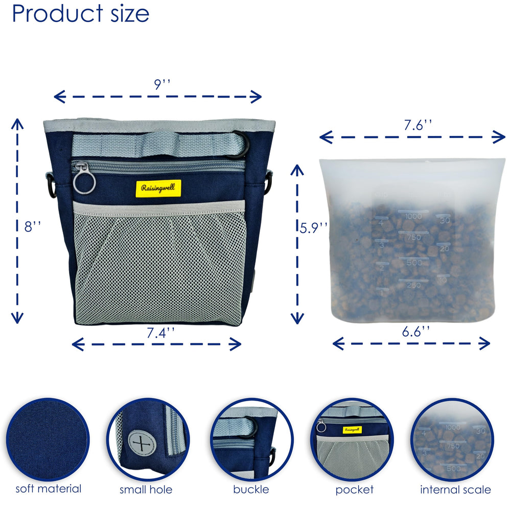 Raisingwell front-pocket blue pouch shows phone storage for quick access.