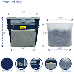 Raisingwell front-pocket blue pouch shows phone storage for quick access.