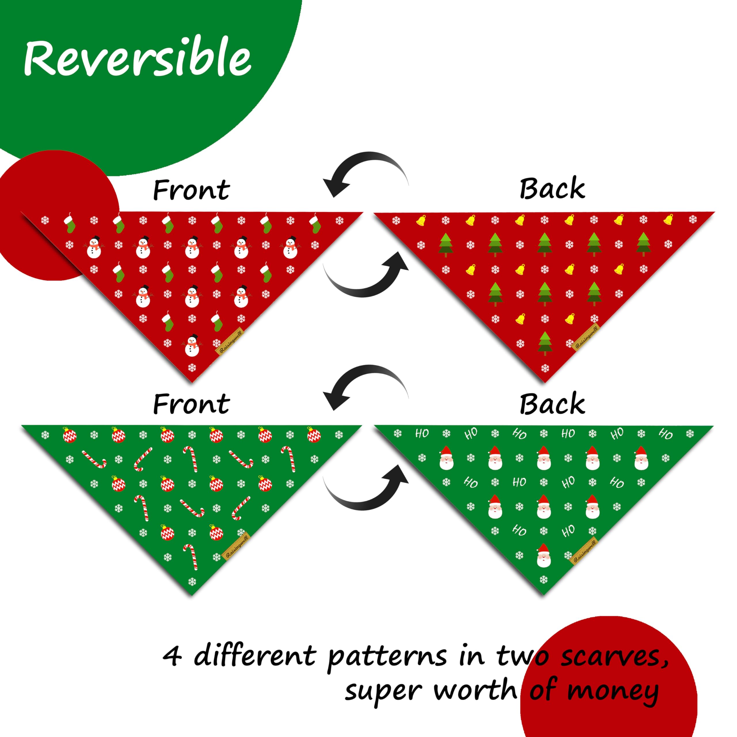 Raisingwell reversible dog bandana demonstrates four patterns for versatile styling.