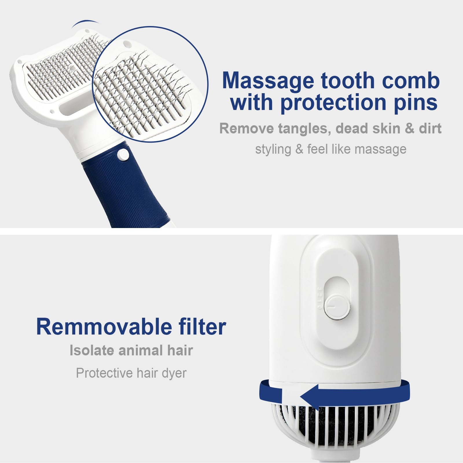 RAIWAV 3-in-1 dog hair dryer controls illustrate adjustable temperature for gentle styling