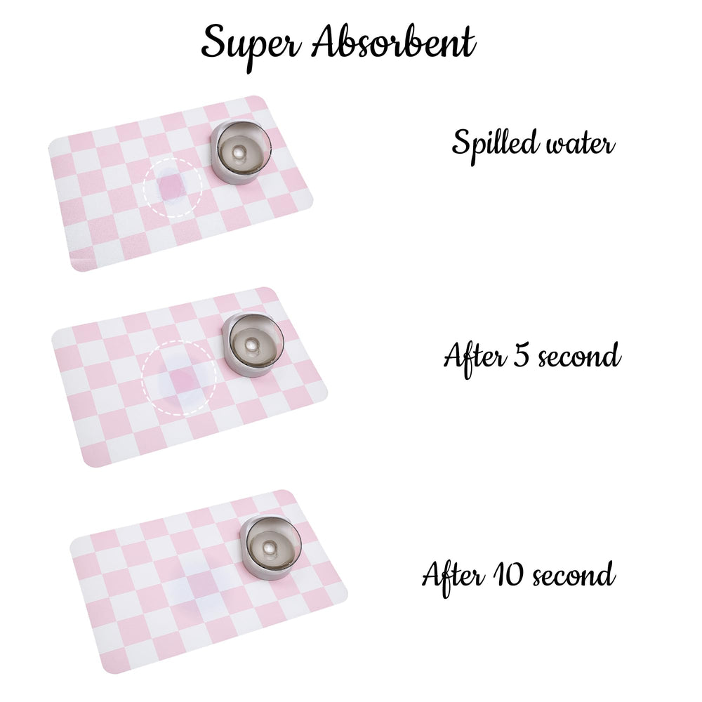 Ralxion checkered mat with water bowls helps contain spills.