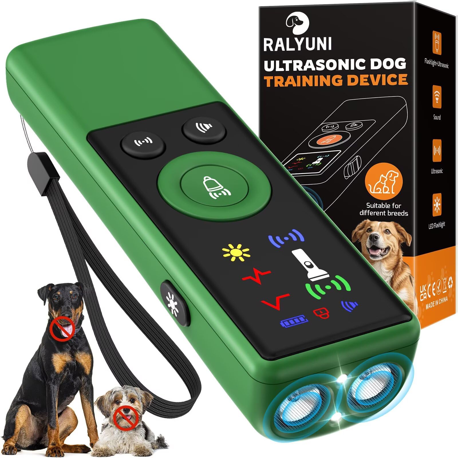 RALYUNI Ultrasonic Dog Bark Deterrent front view with LCD and dual emitters for versatile training.