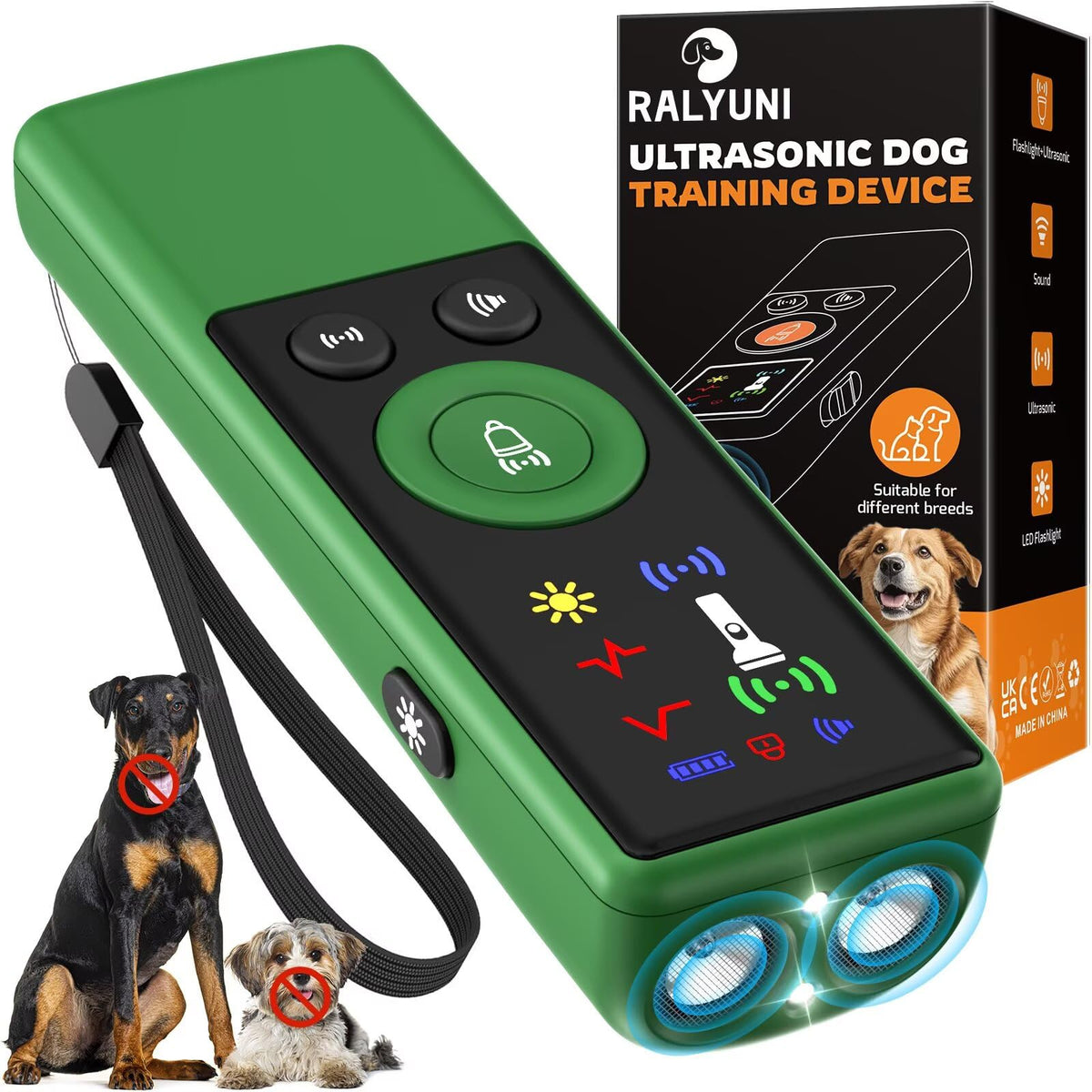RALYUNI Ultrasonic Dog Bark Deterrent front view with LCD and dual emitters for versatile training.