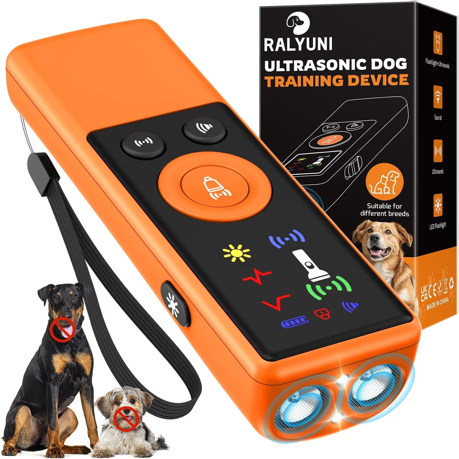 RALYUNI ultrasonic dog bark deterrent front view for discreet indoor-outdoor training