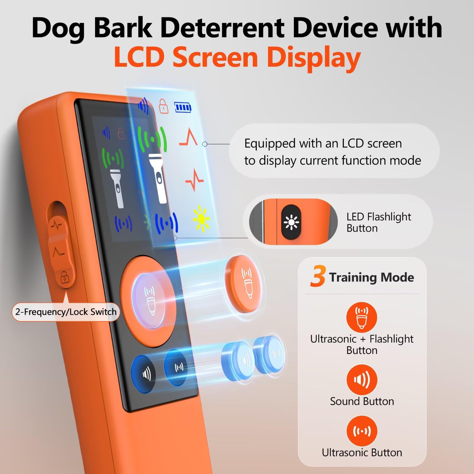RALYUNI Ultrasonic Bark Deterrent LCD display shows mode and battery for quick adjustments