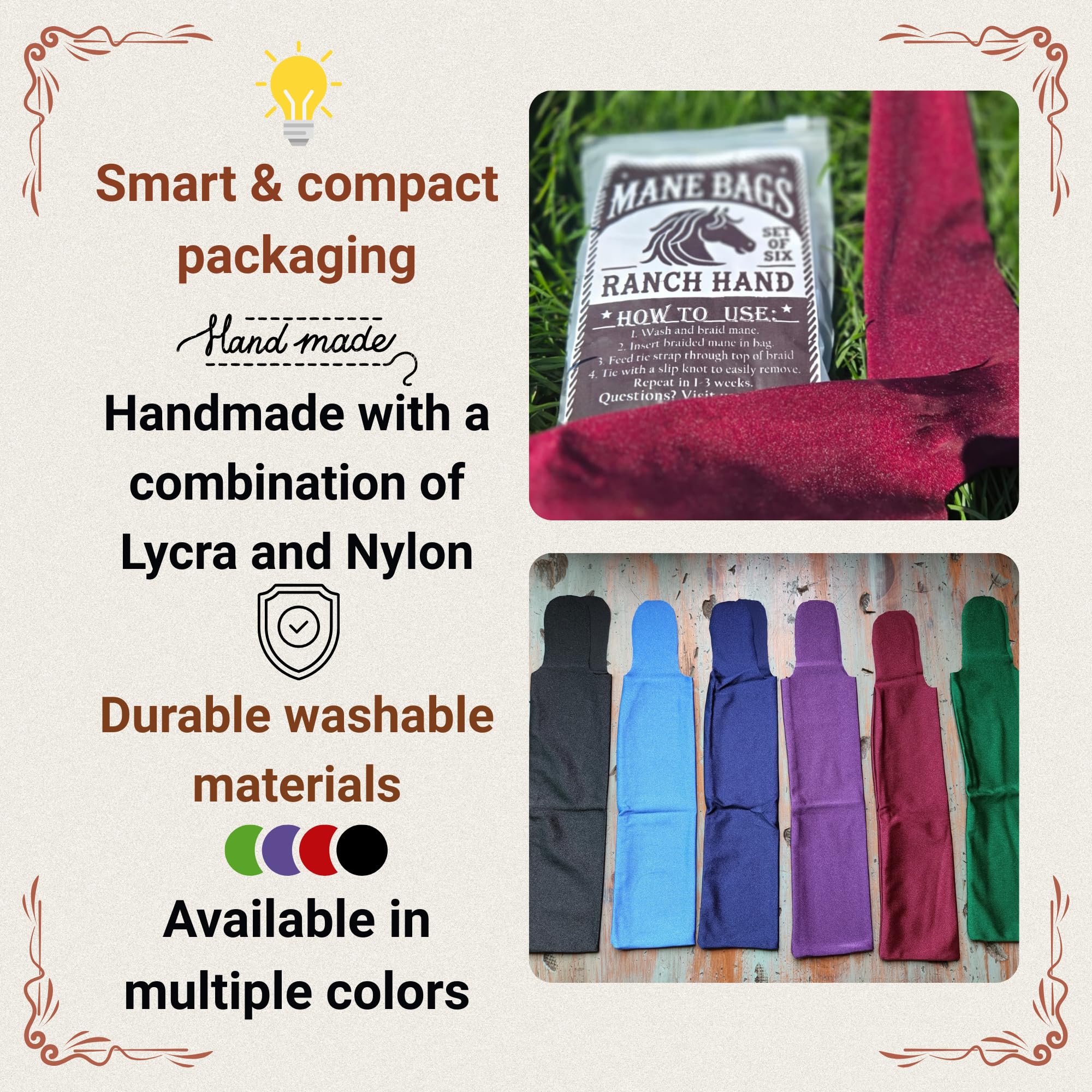 Ranch Hand Mane Bags illustrate step-by-step application and braiding prep.