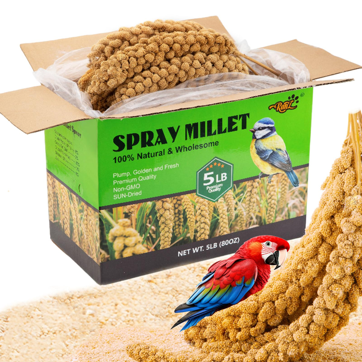 RANZ 5lbs spray millet pack front view, a premium natural bird snack for small birds.