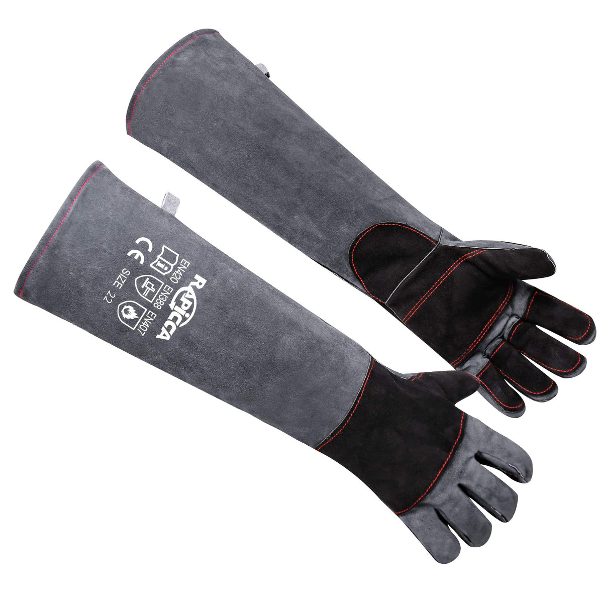 RAPICCA bite-proof gloves close-up shows reinforced leather protection for animal handling.