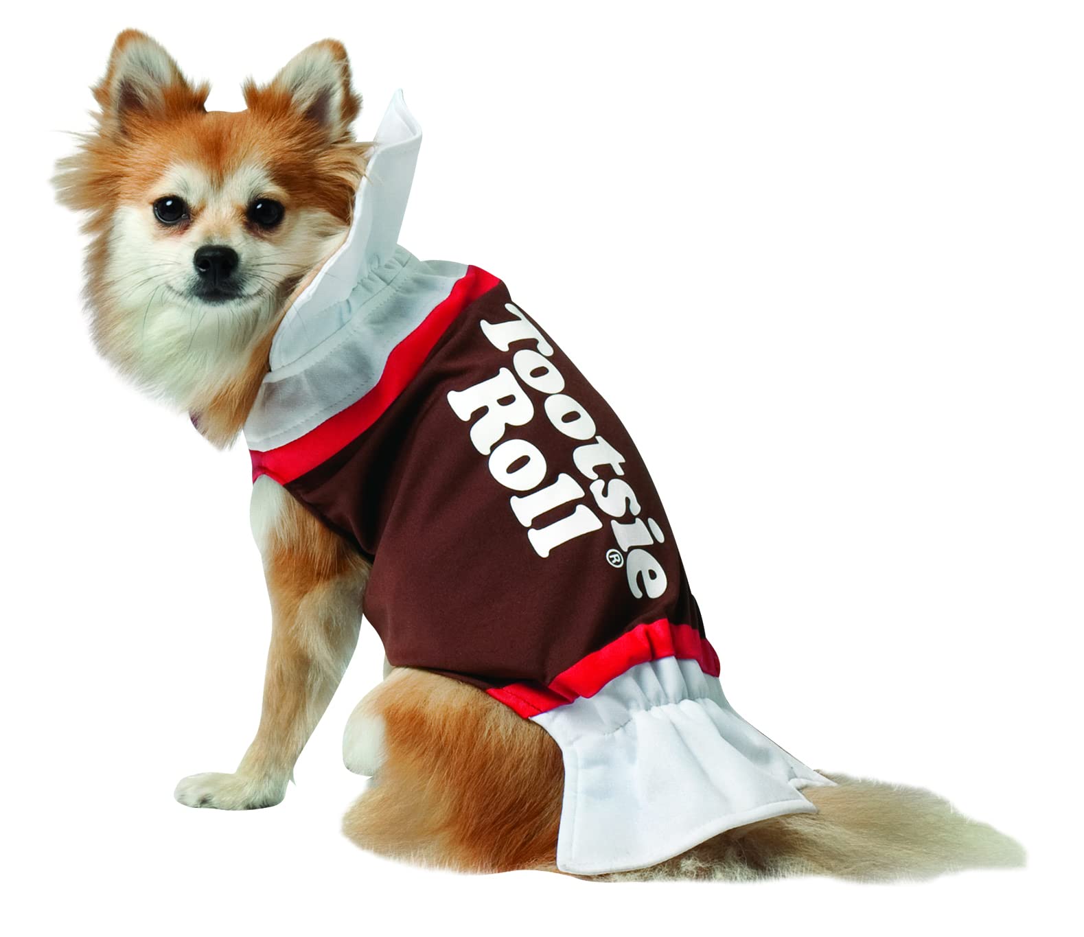 Rasta Imposta Tootsie Roll dog costume front view highlights candy-inspired bodice for Halloween photos