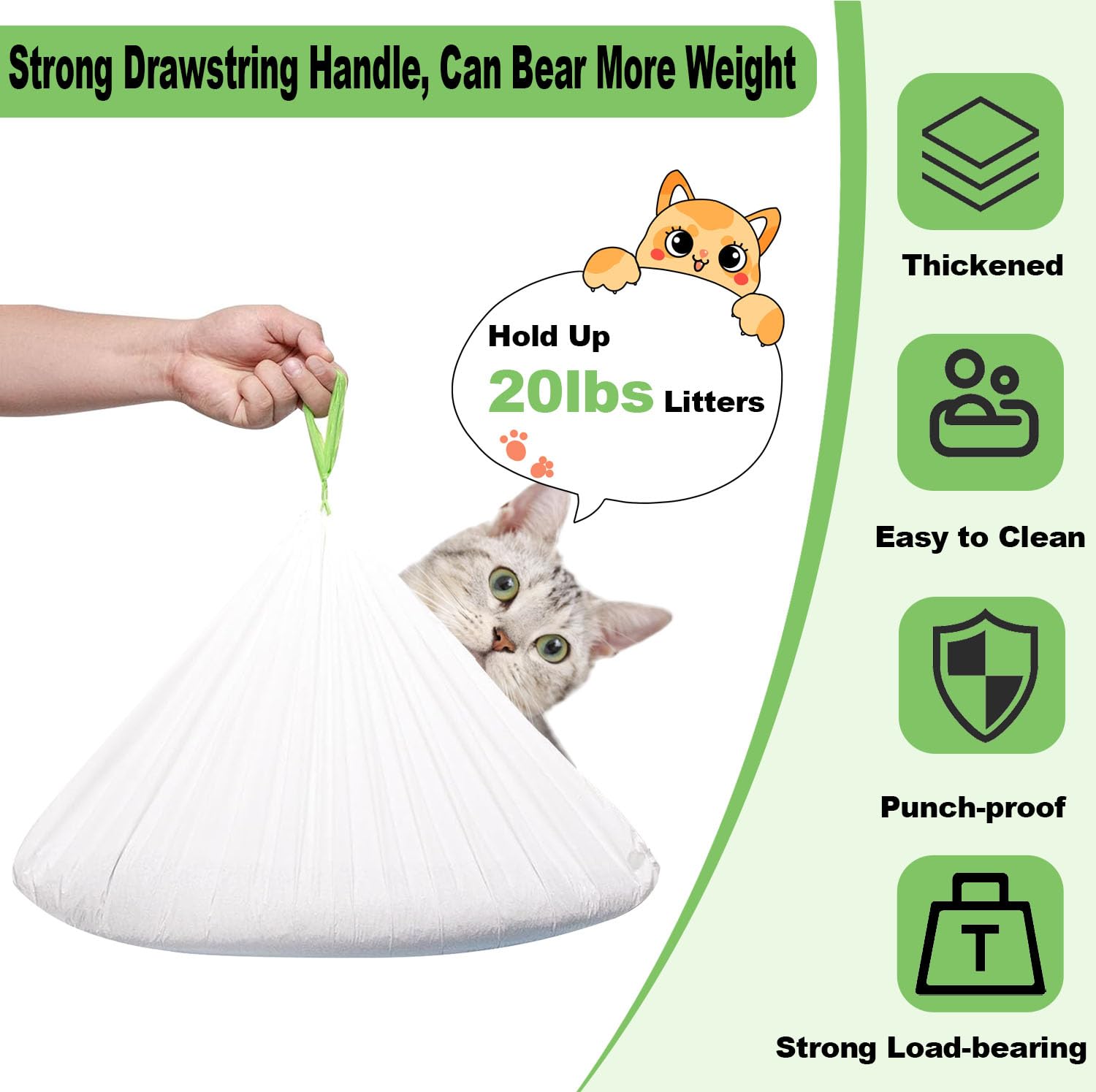 Rastalola tear-resistant drawstring bags minimize spills and simplify bin disposal.
