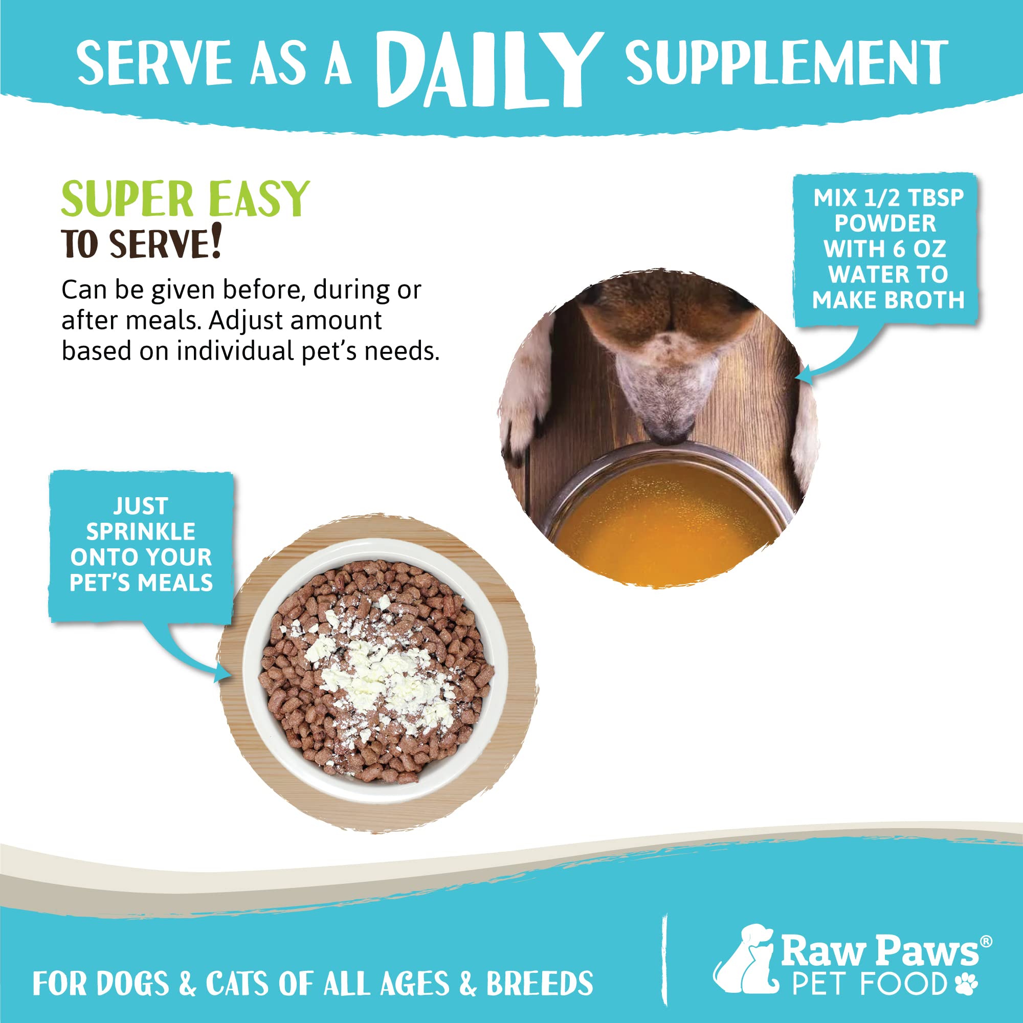 Raw Paws bone broth powder dispensing scoop highlights convenient use