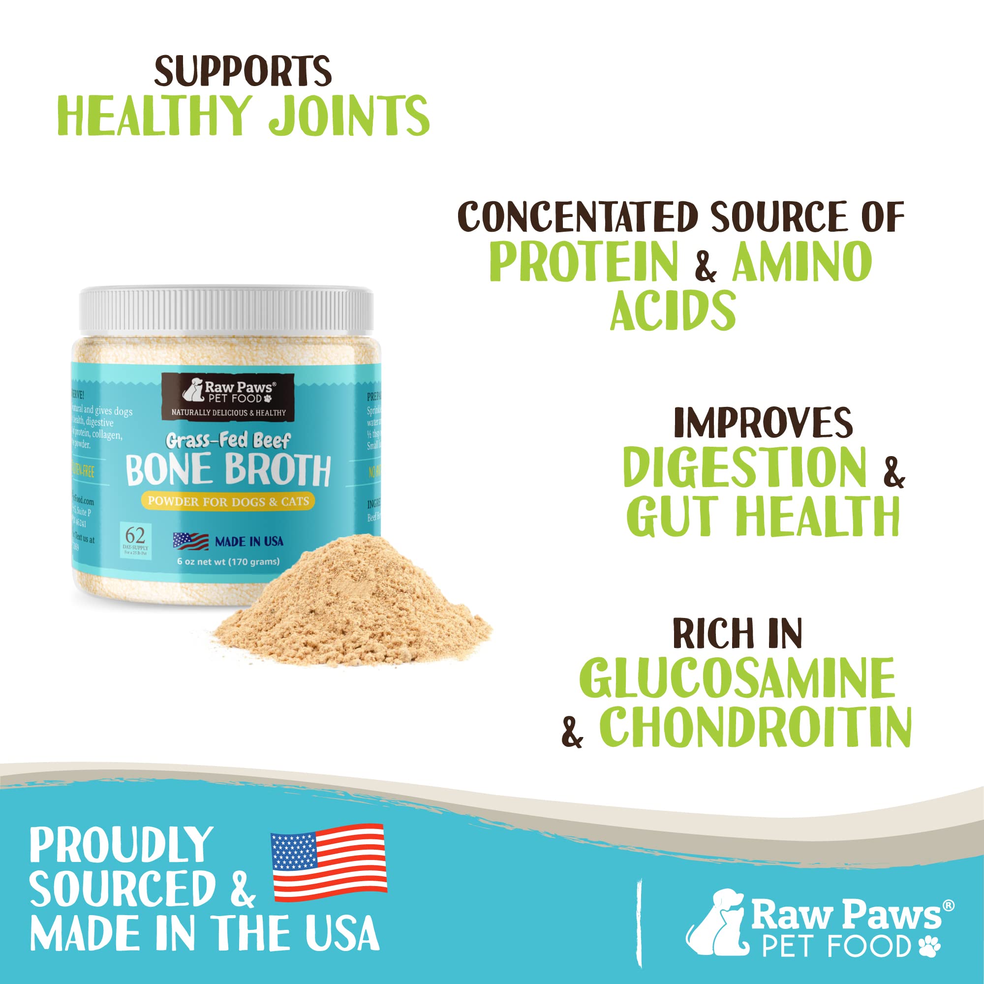 Raw Paws beef bone broth powder poured over kibble for flavor boost