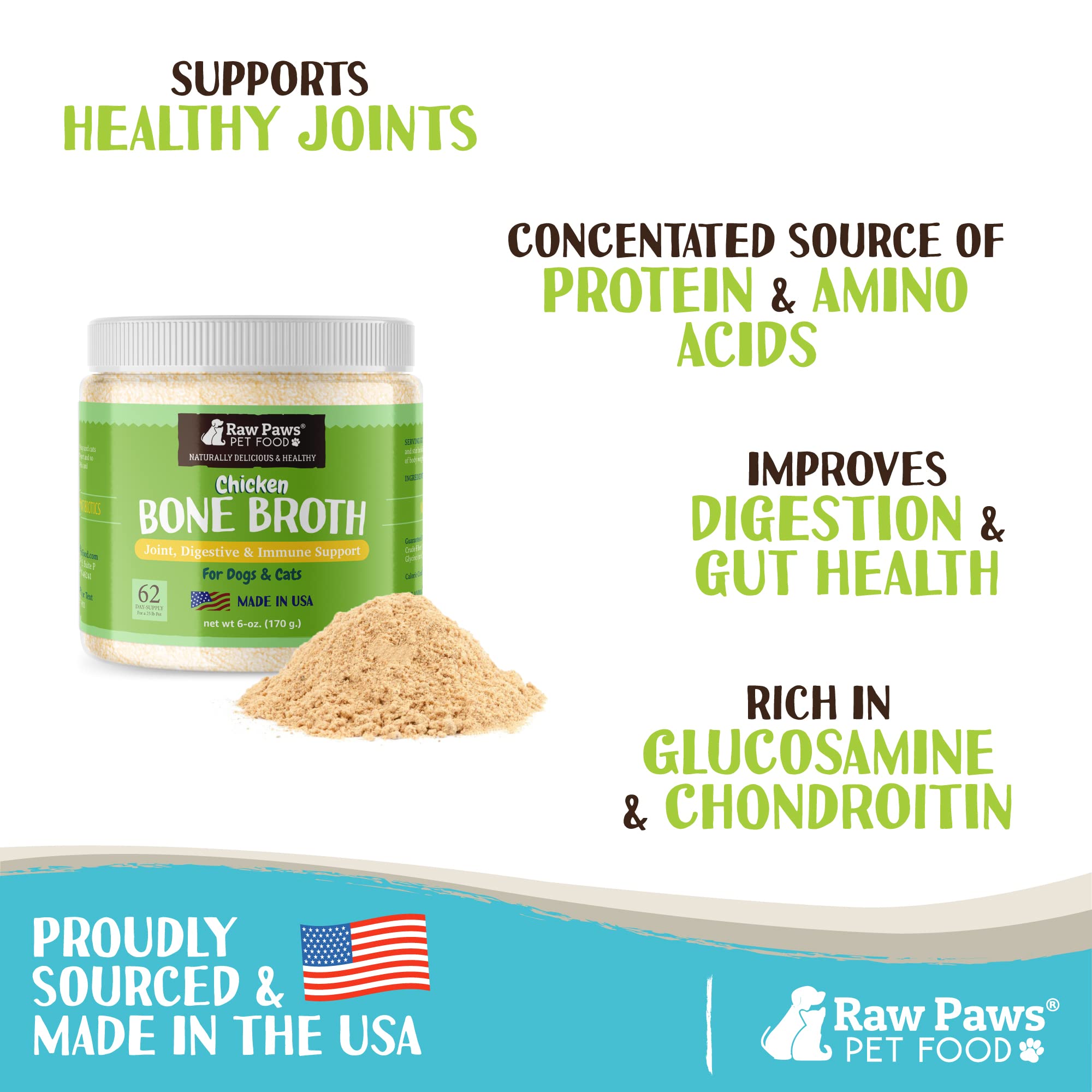 Raw Paws bone broth powder tub dispense highlights nutrients and convenience