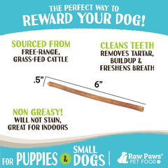 Raw Paws free-range pizzle sticks from cattle origin emphasizes natural sourcing and digestible chewing.