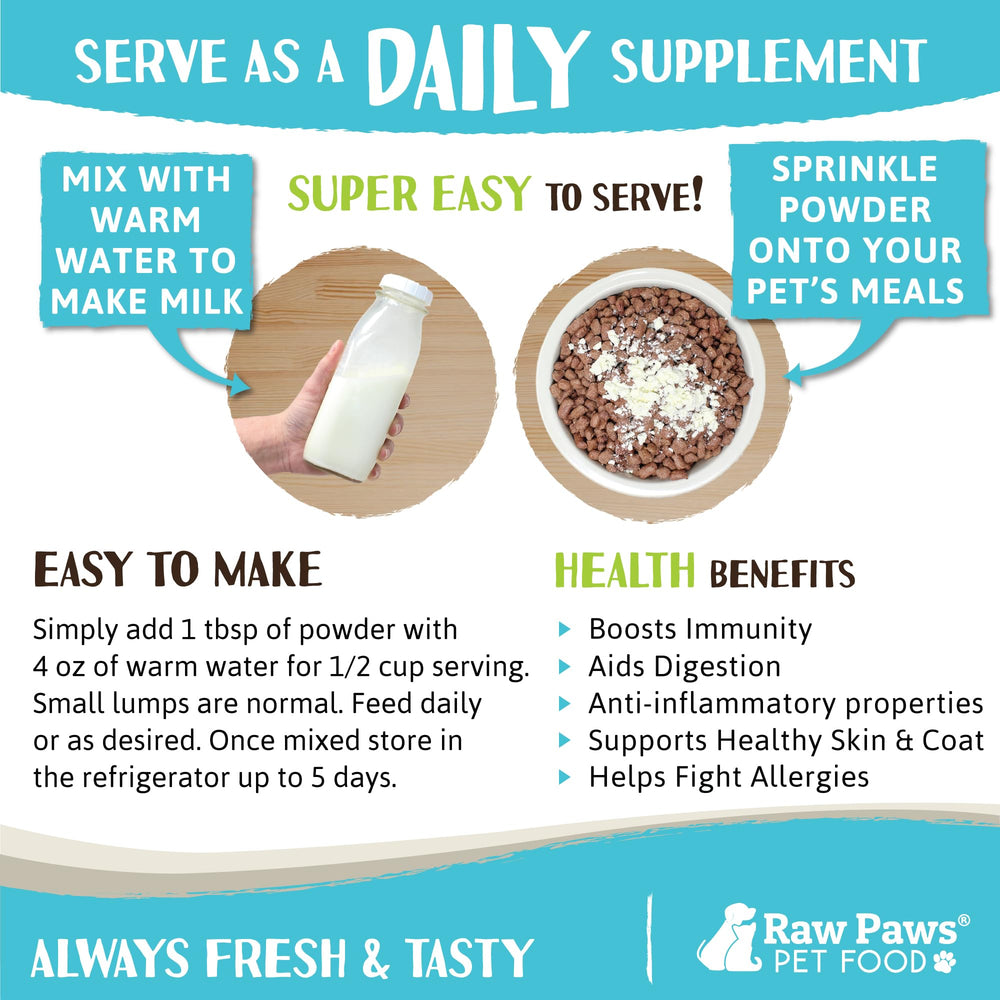 Raw Paws goat milk powder measuring scoop ready to mix with water for gentle milk replacer
