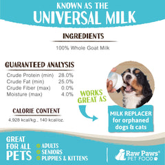 Raw Paws goat milk powder poured over dog or cat food enhances nutrition and palatability