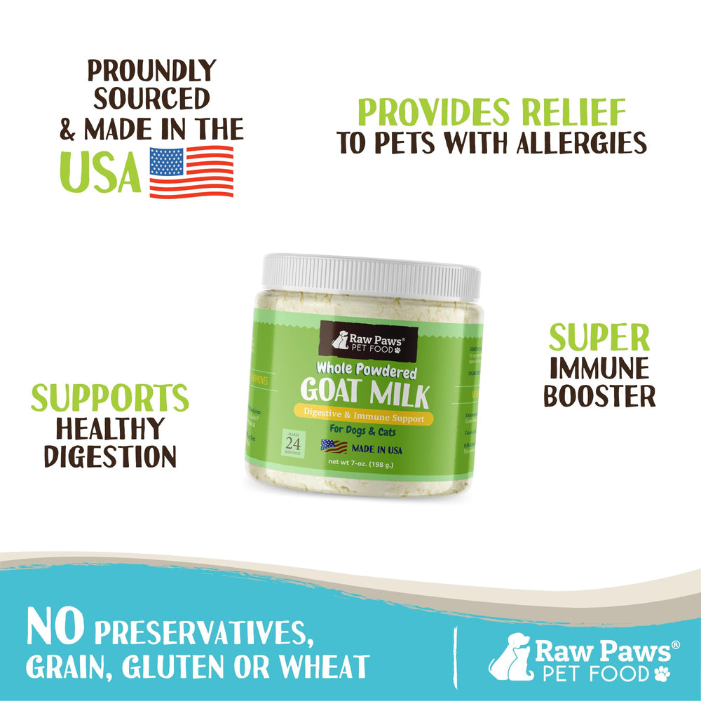 Raw Paws goat milk powder sprinkled on pet food for easy digestion and added flavor
