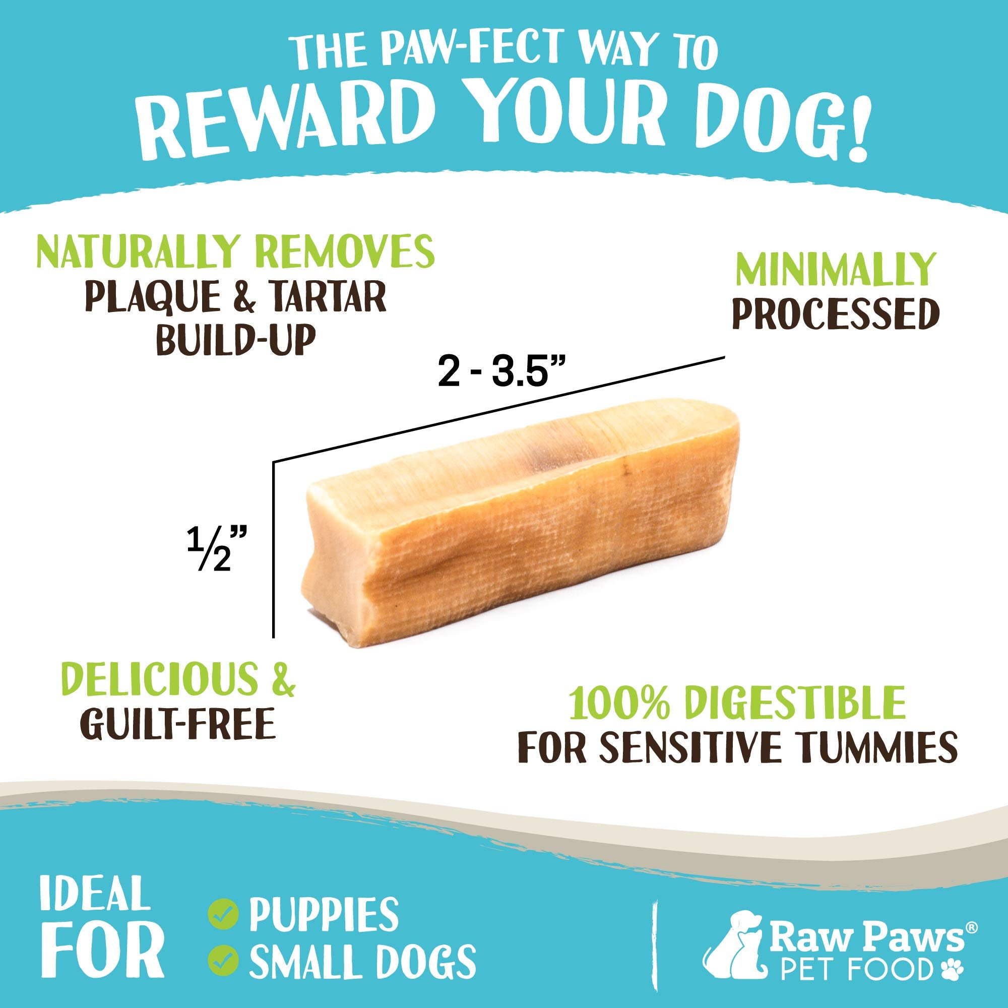 Raw Paws Himalayan Yak Chews small dog serving highlights a tasty, single-ingredient treat.