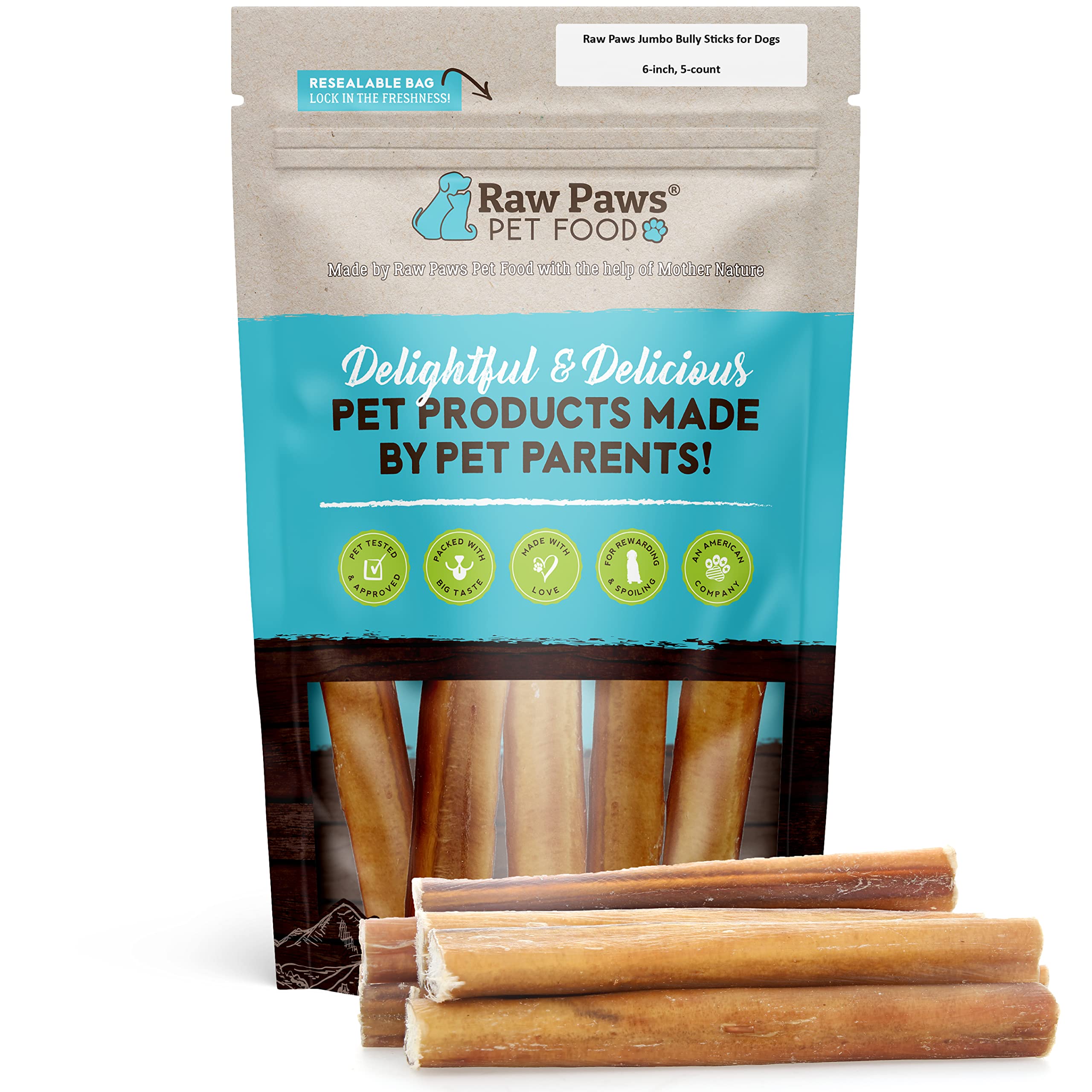 Raw Paws jumbo bully sticks 6in pack for long-lasting chews