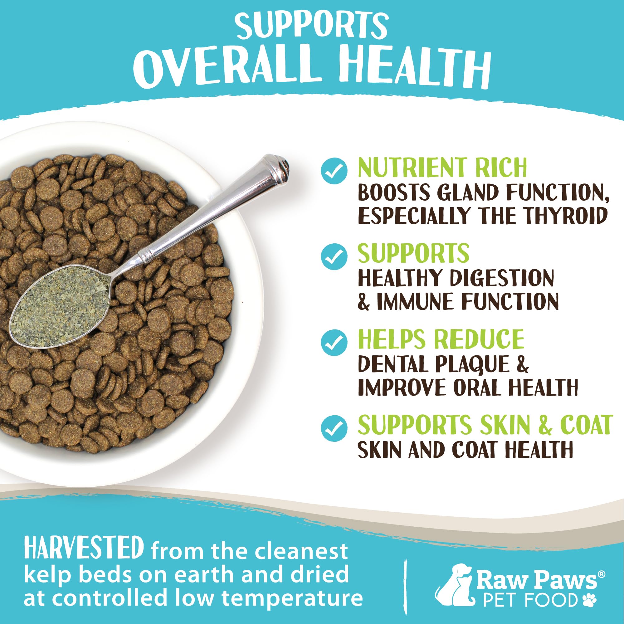 Kelp powder sprinkled into dog and cat meals with Raw Paws branding